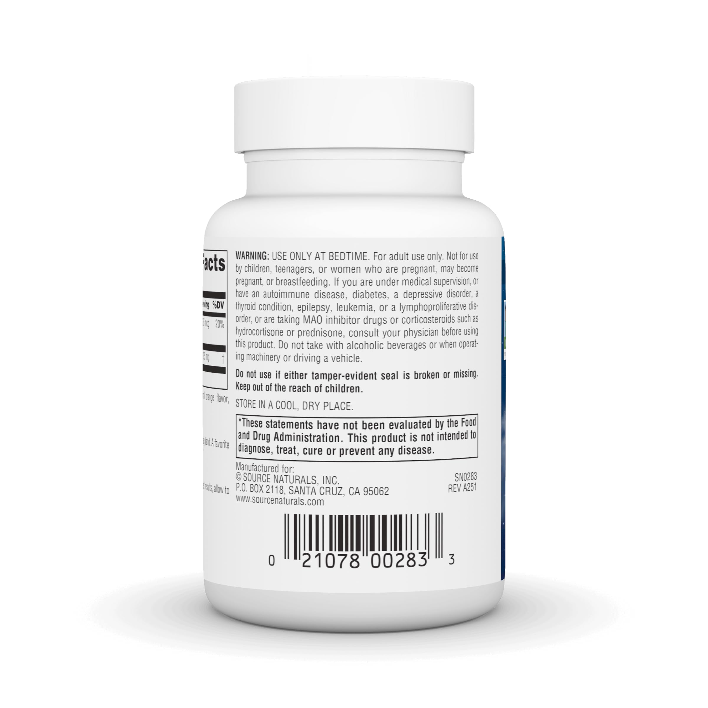 Source Naturals Melatonina 2.5 mg, uso nocturno para relajación.