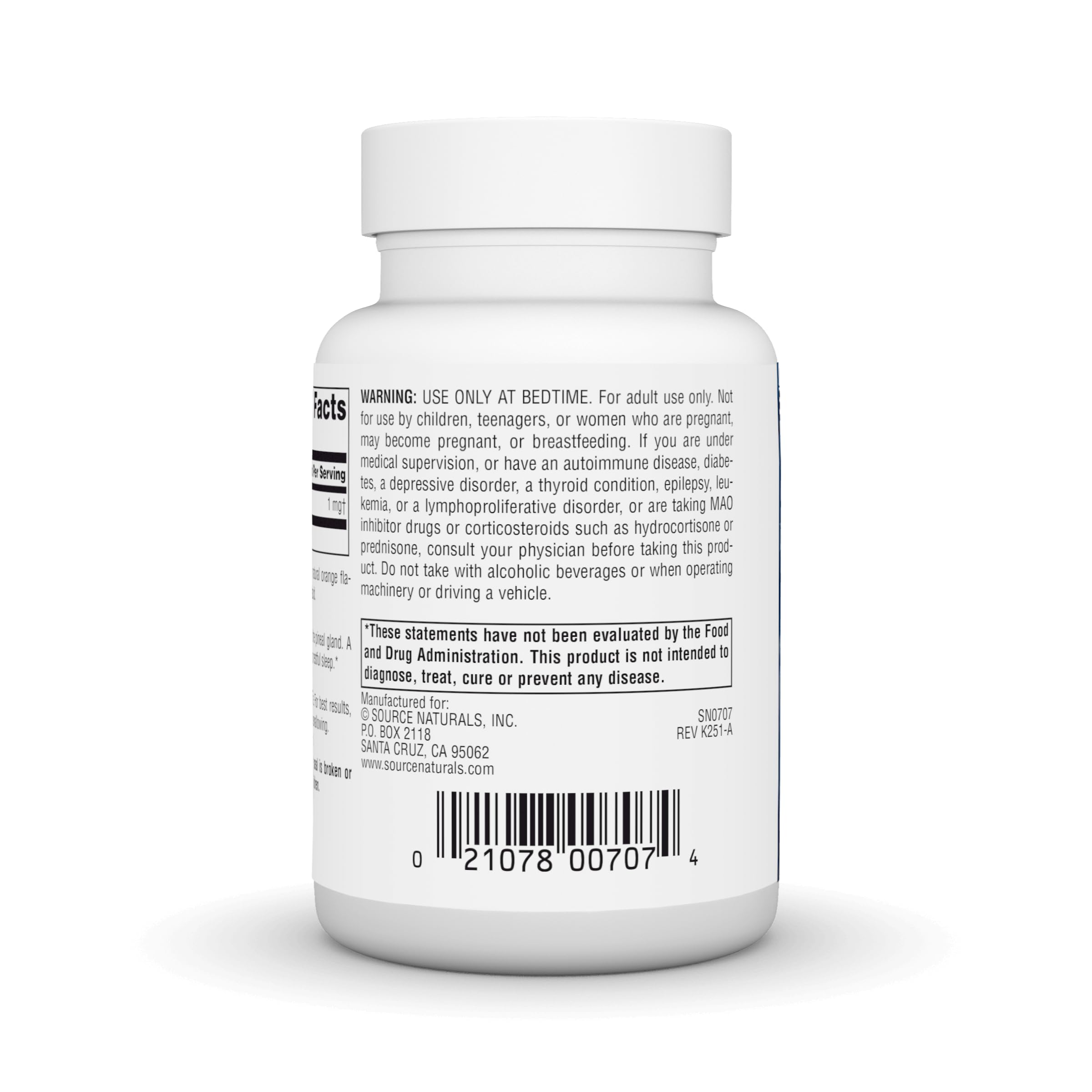 Source Naturals Melatonina: etiqueta con certificación hecha en Estados Unidos.