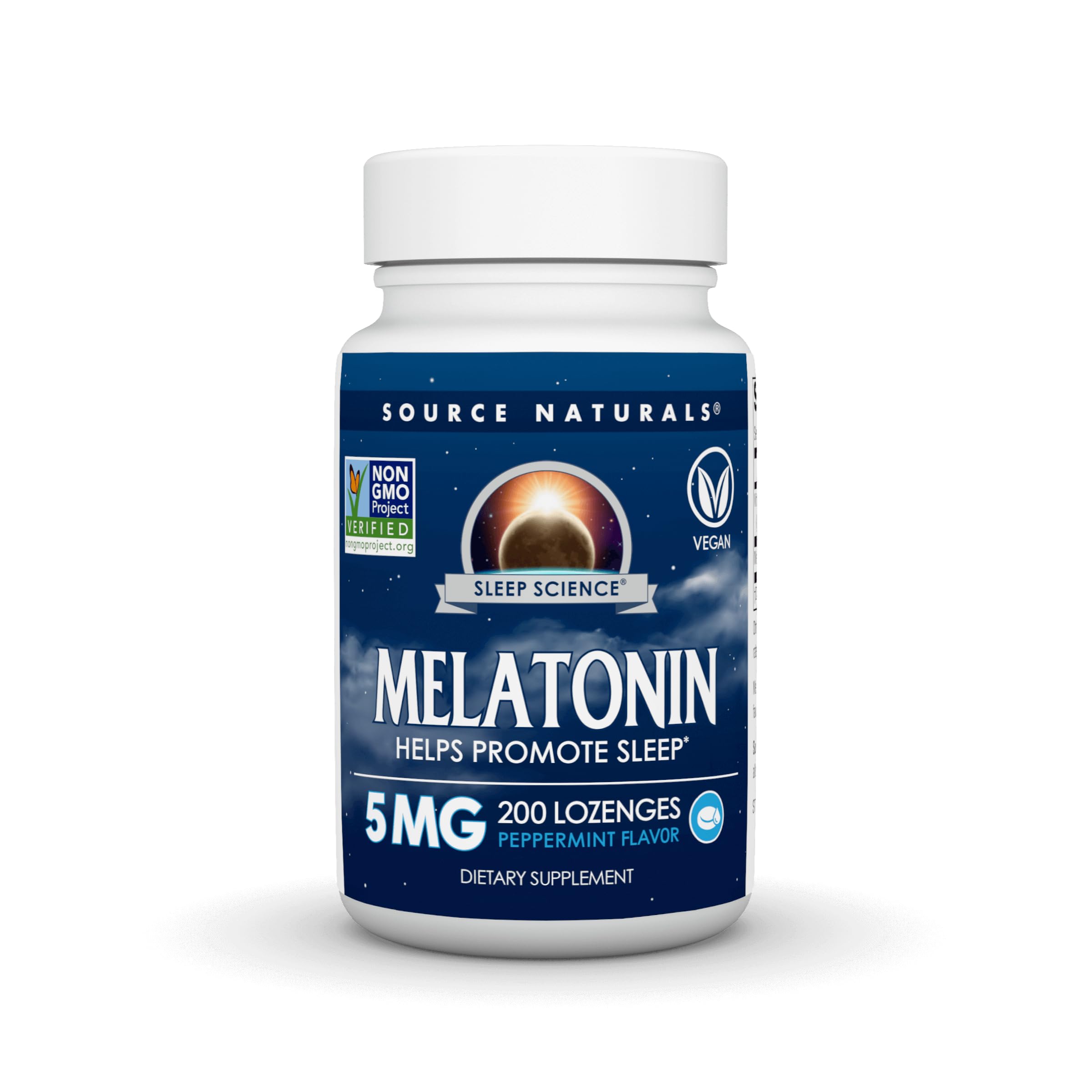 Source Naturals Melatonina frasco con dulces de menta para relajación nocturna.