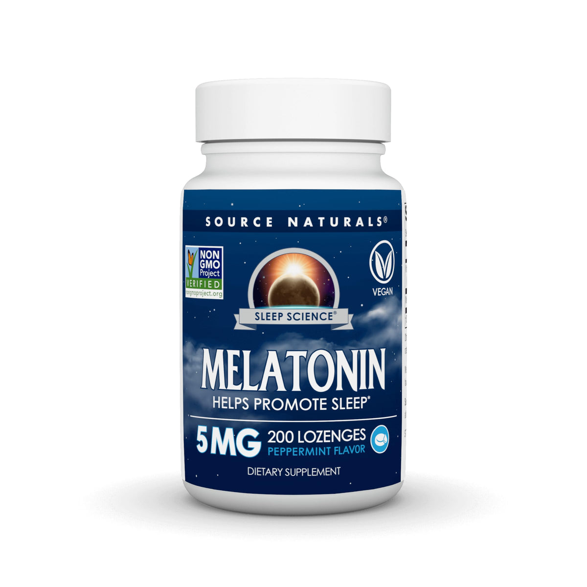 Source Naturals Melatonina frasco con dulces de menta para relajación nocturna.