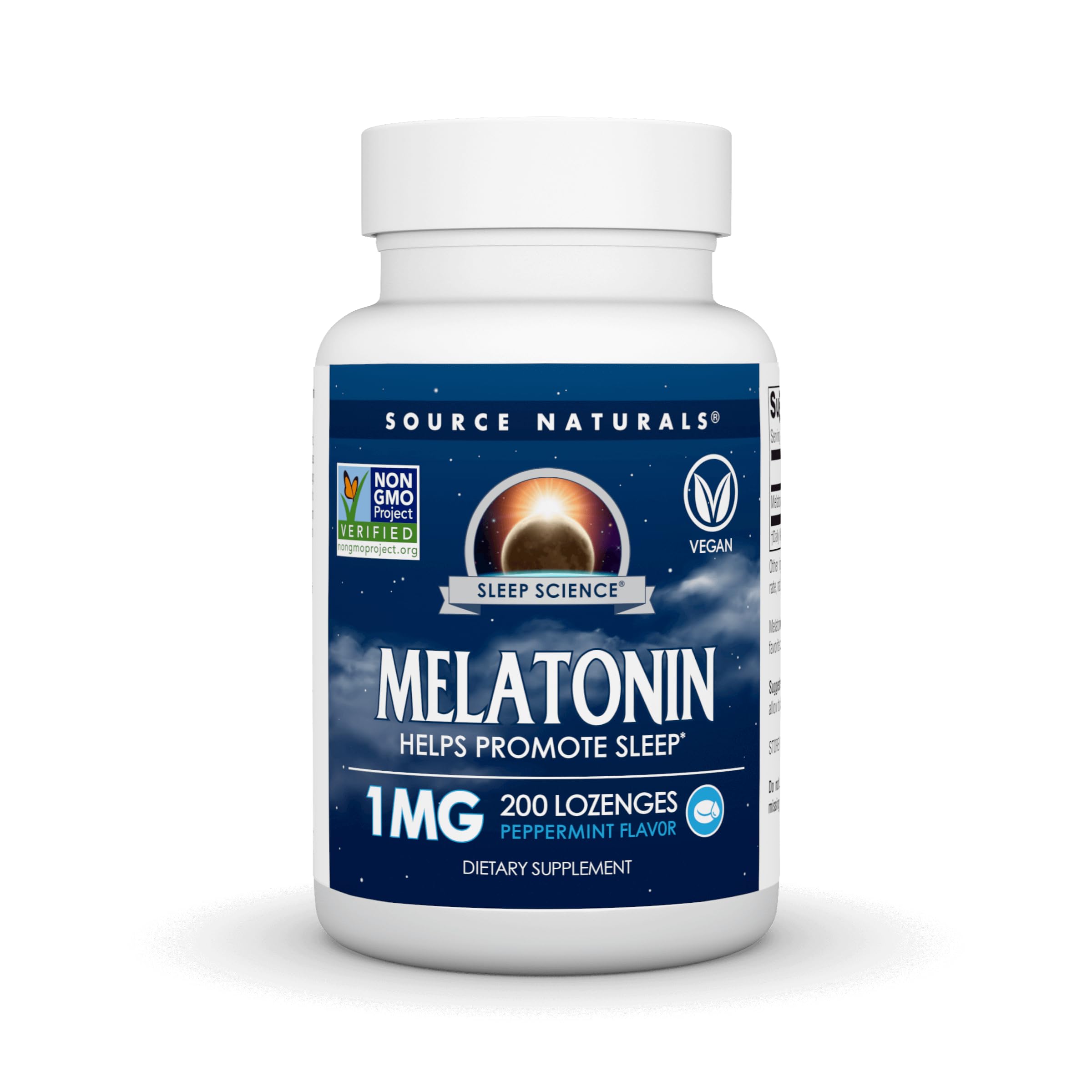 Source Naturals Melatonina frasco con sabor menta, ayuda potencial para una rutina nocturna.