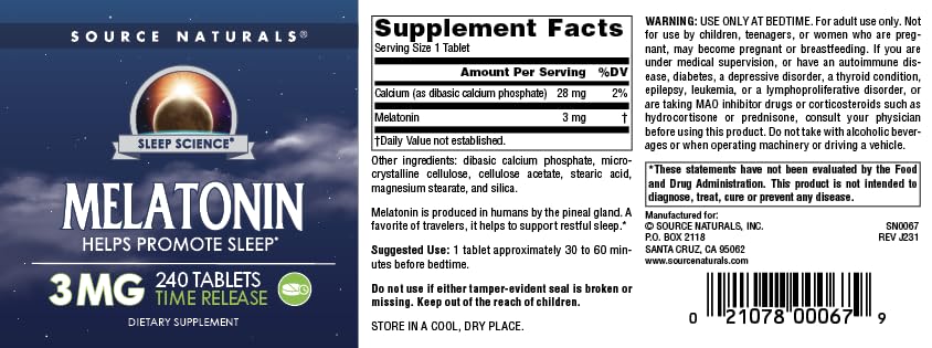 Una tableta por noche de Source Naturals Melatonina para rutina de descanso.