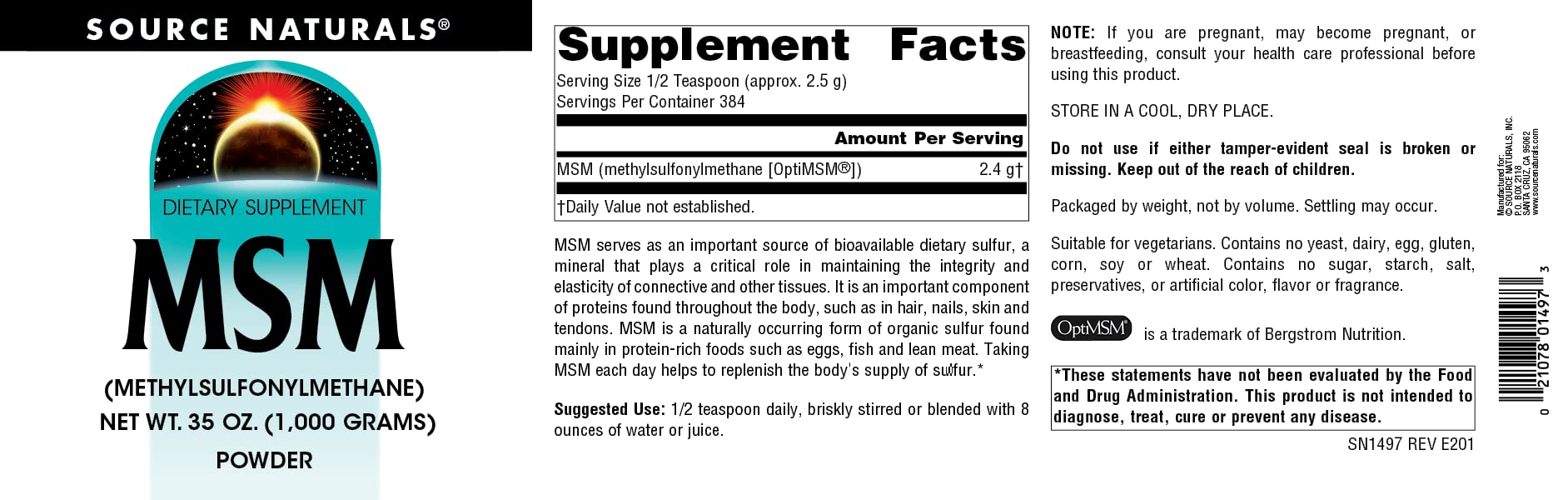 Source Naturals MSM apto para vegetarianos, sin alérgenos comunes.