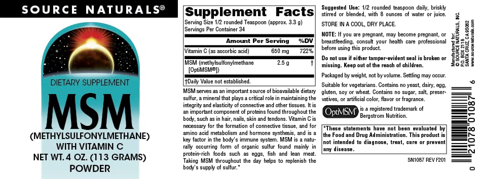 Source Naturals MSM, envase marcado, ideal para monitorear dosis diaria