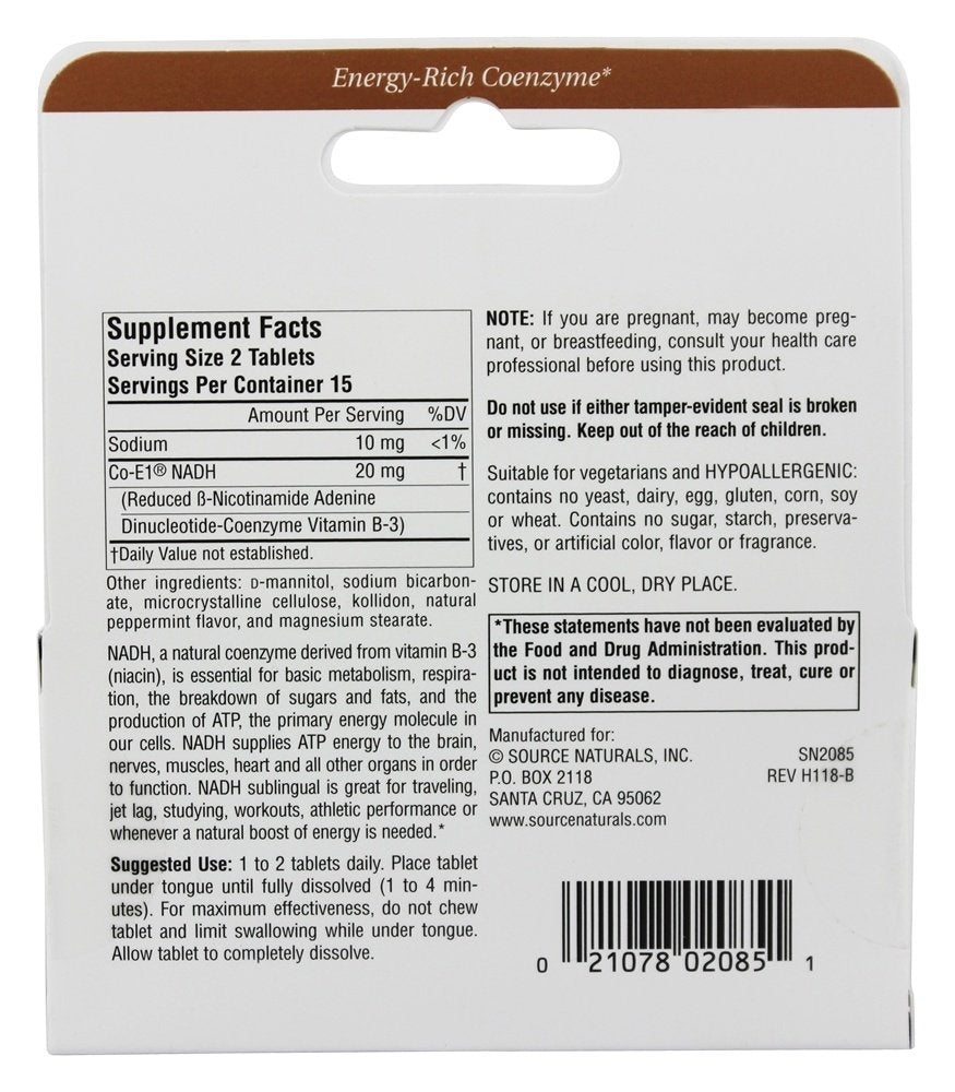 Source Naturals NADH 10 mg, empaque, información de calidad y fabricación en Estados Unidos.