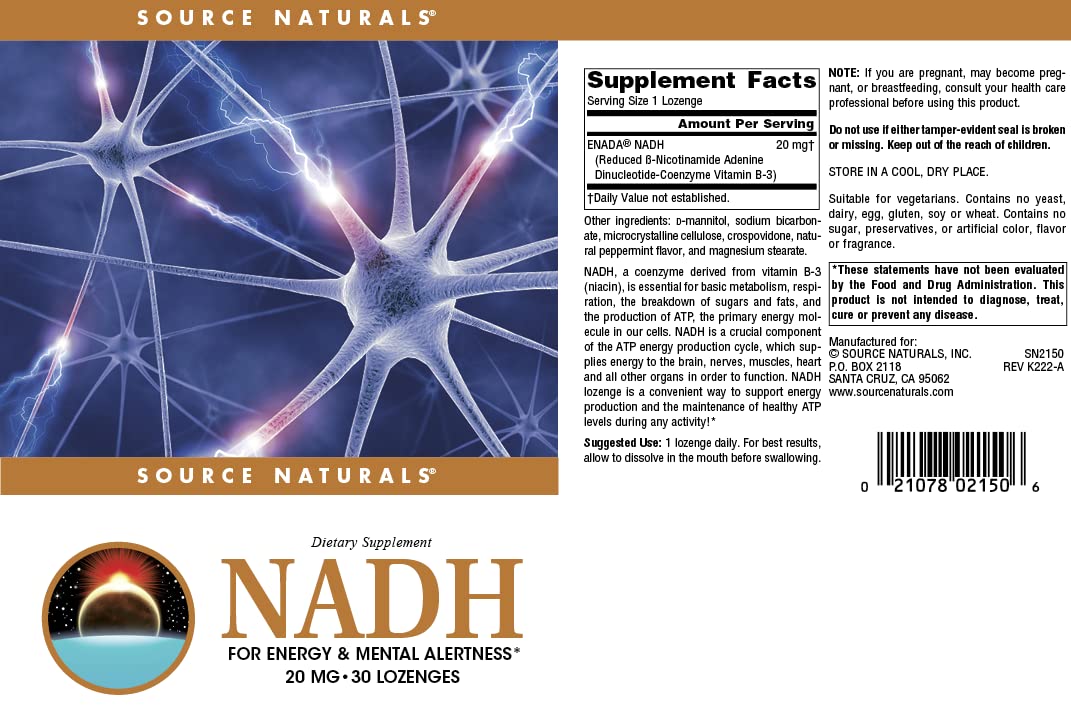 Source Naturals NADH 20mg sin alérgenos, compatible con dietas sensibles.
