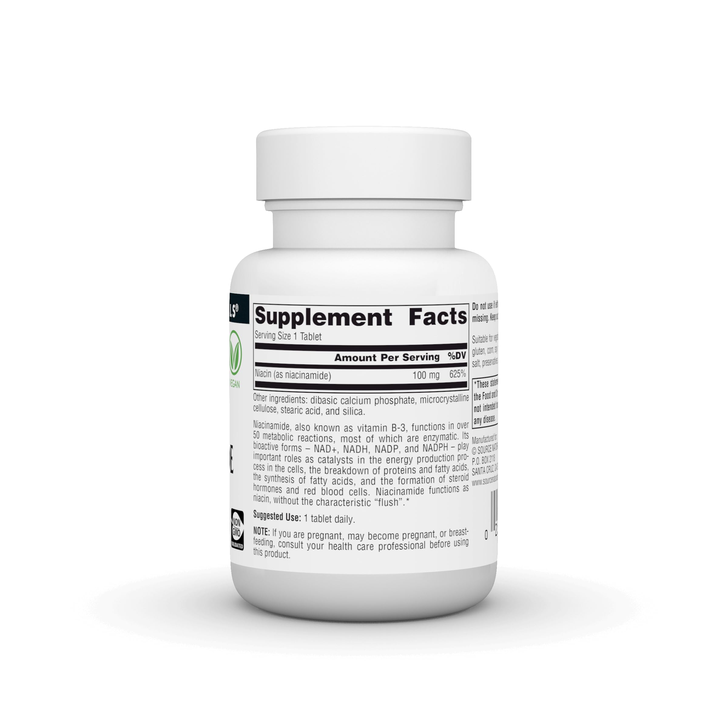 Source Naturals Niacinamida B-3, tabletas en mano, dosis diaria de 100 mg.