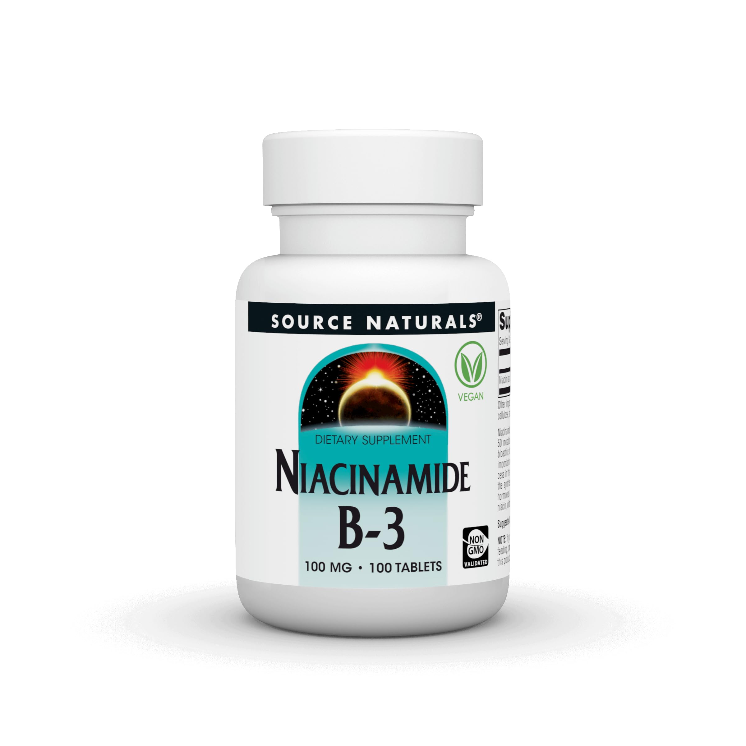 Source Naturals Niacinamida B-3, frente del envase, uso diario recomendado para bienestar general.