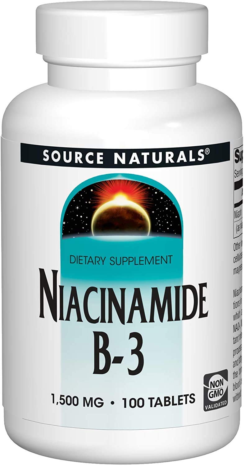Source Naturals Niacinamida, botella de dos frascos, posible apoyo al metabolismo.