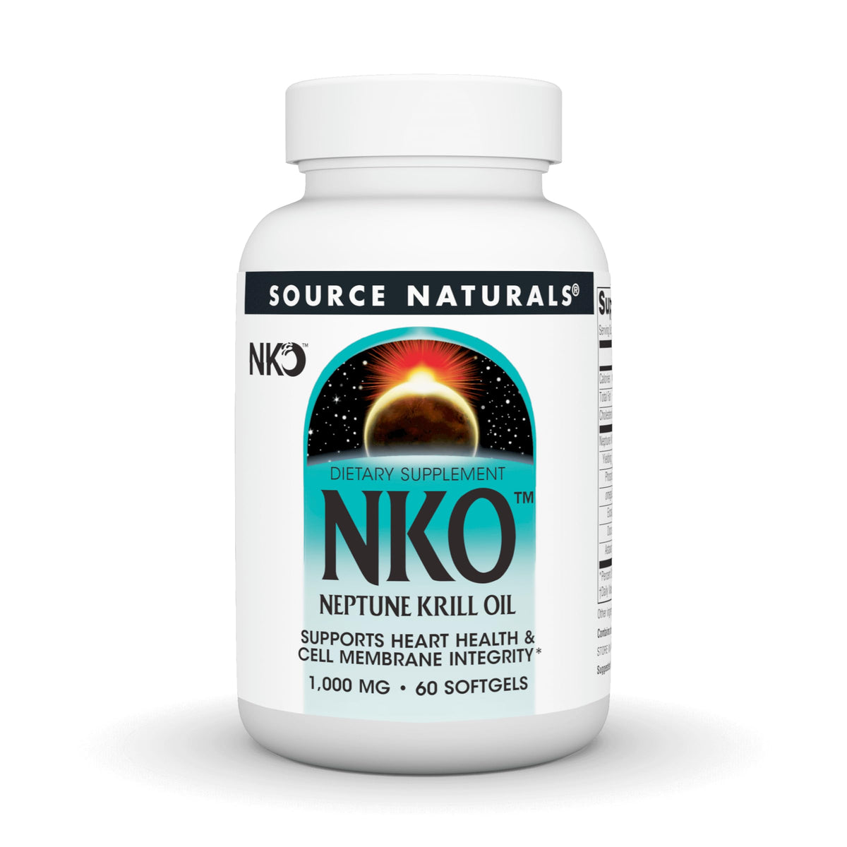 Source Naturals NKO Neptune Krill Oil, botella con cápsulas para salud cardiovascular.