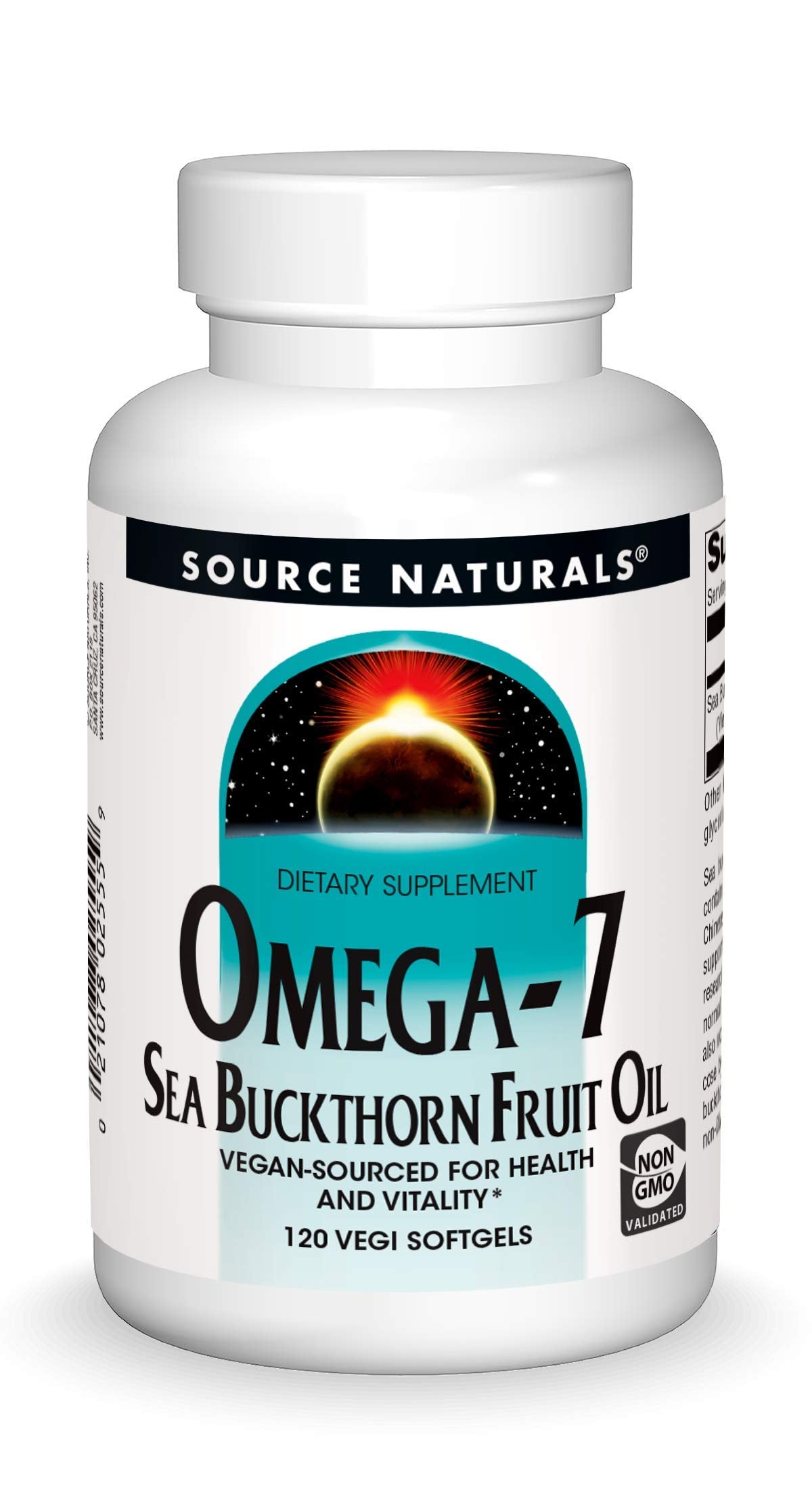 Source Naturals Omega-7 espino amarillo cápsula blanda en botella, fácil consumo diario.