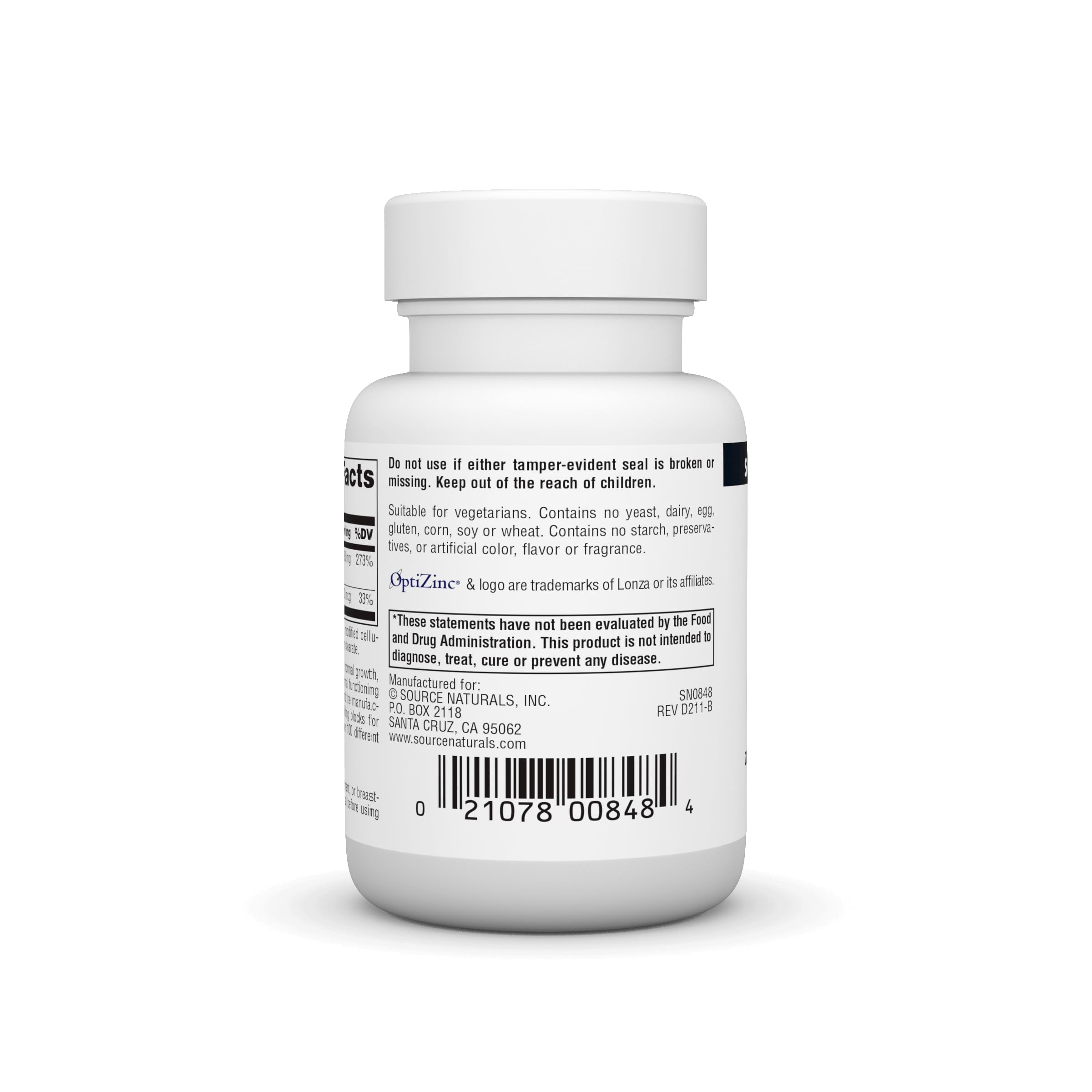Etiqueta OptiZinc que muestra ingredientes y alérgenos eliminados.