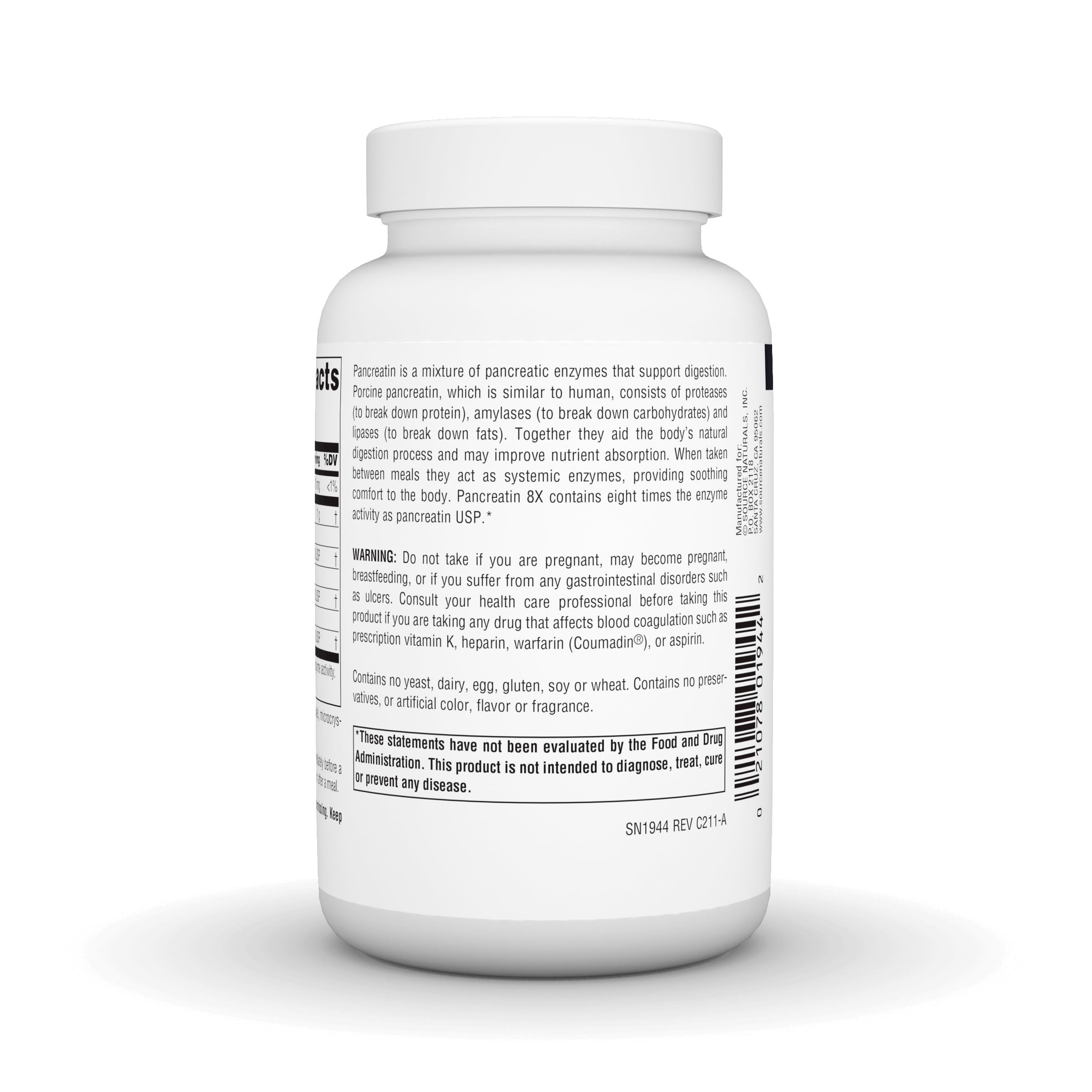 Source Naturals Pancreatin 8X – dosis recomendada antes de la comida.