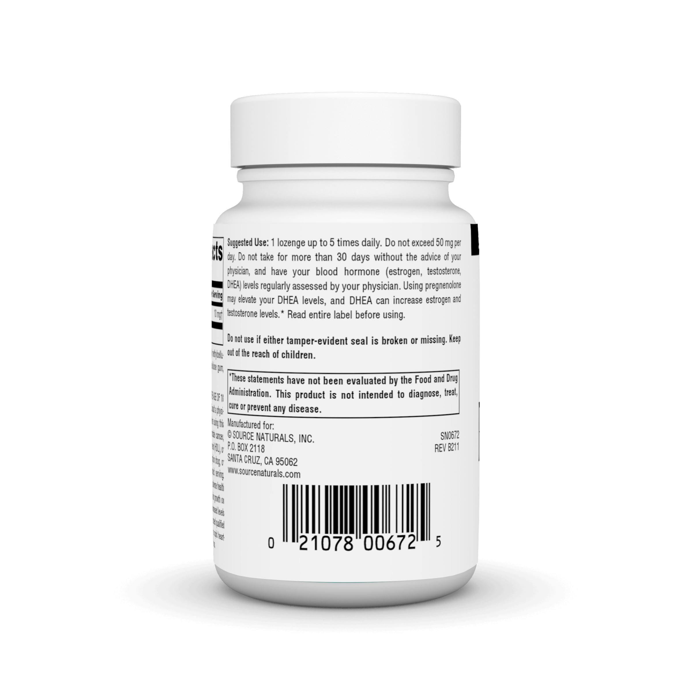Source Naturals Pregnenolona 10 mg, etiqueta, información clara para uso responsable.