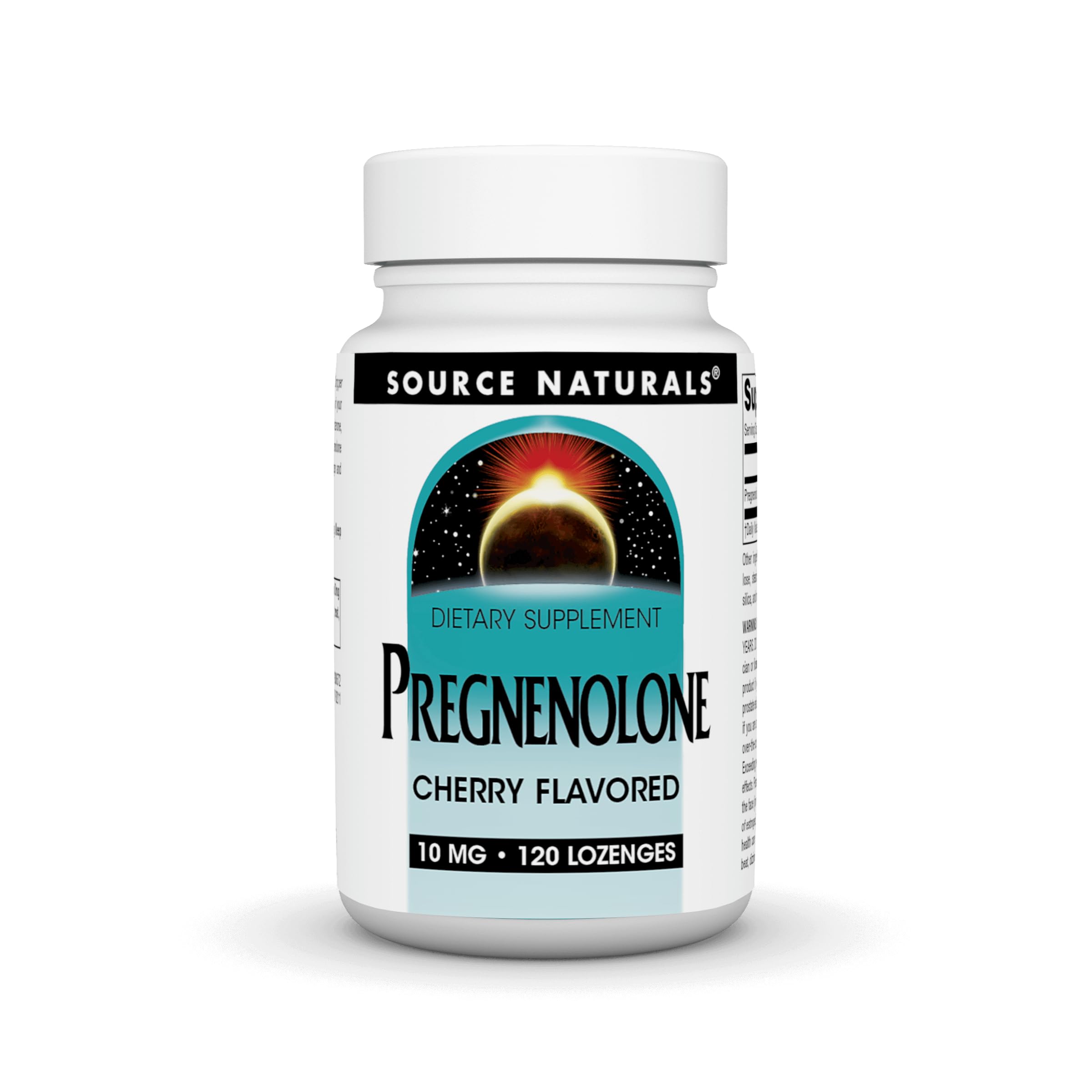 Source Naturals Pregnenolona 10 mg, botella, posible apoyo al equilibrio hormonal.