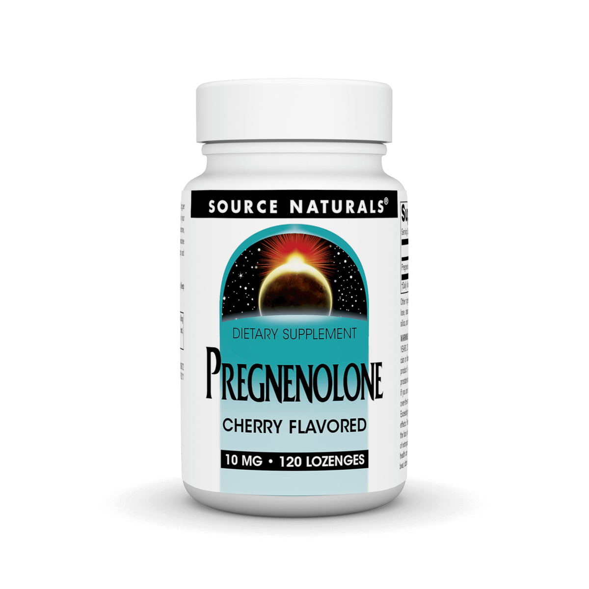 Source Naturals Pregnenolona 10 mg, botella, posible apoyo al equilibrio hormonal.