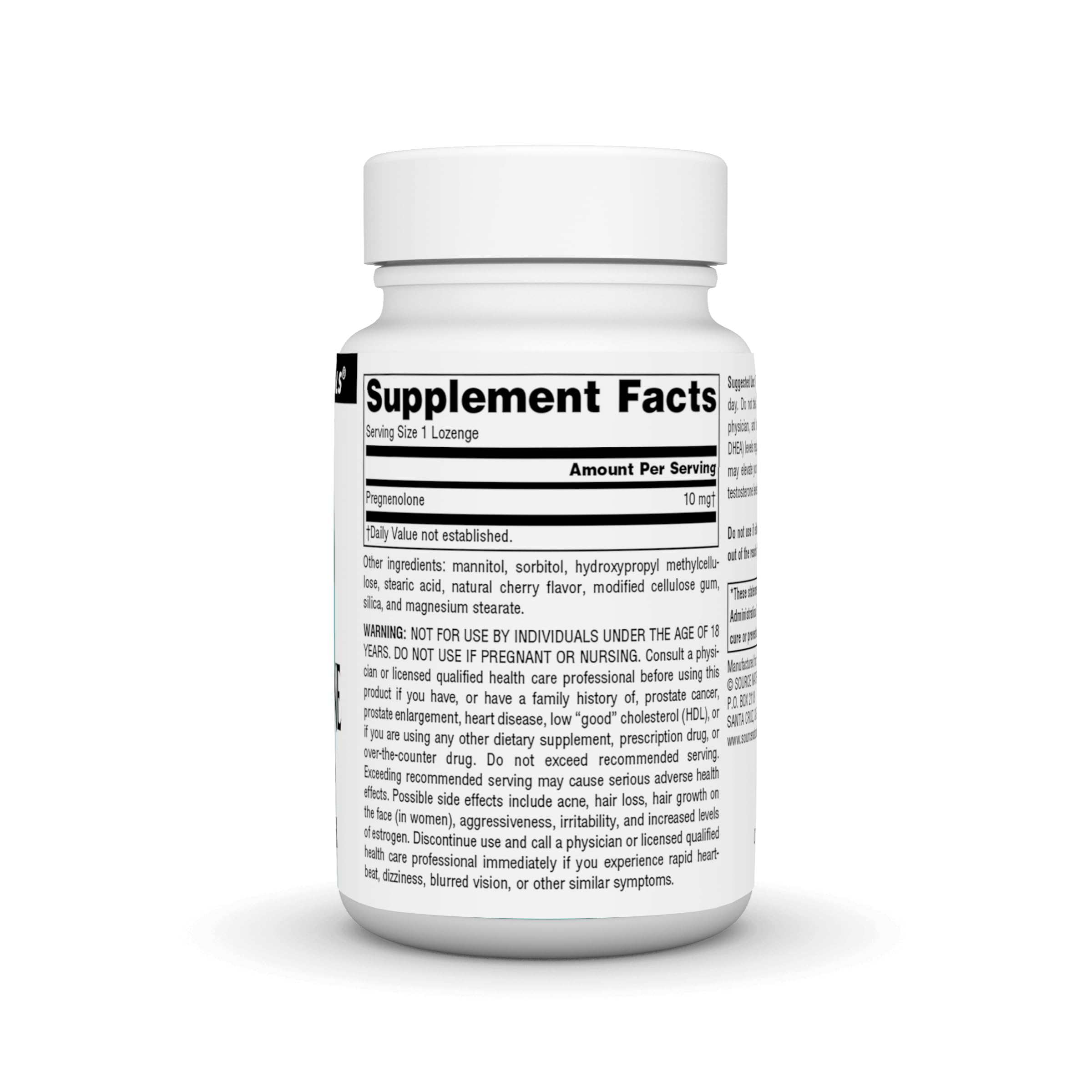 Source Naturals Pregnenolona 10 mg, frasco, visualización de dosis diaria sugerida.