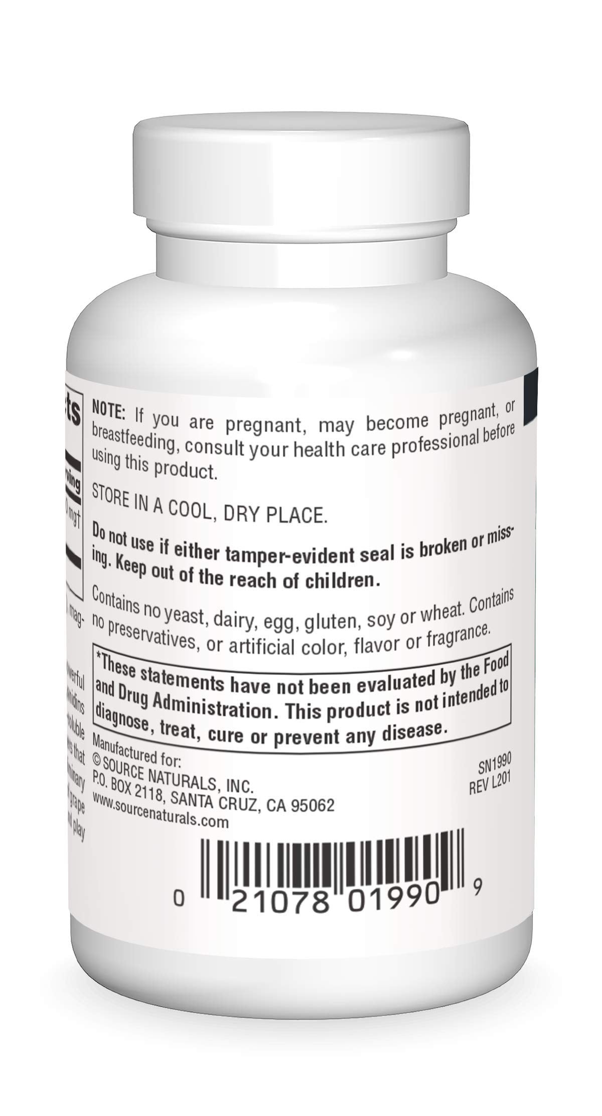 Source Naturals Proanthodyn: etiqueta cercana que facilita entender la dosis diaria de una cápsula.