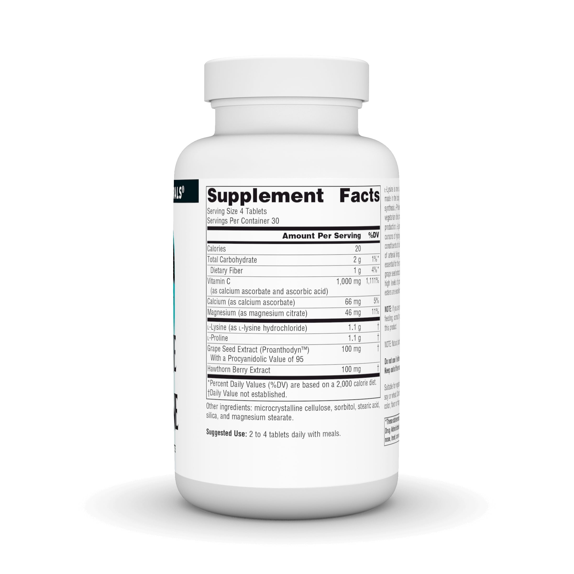 Source Naturals Proline & Lysine, etiqueta del envase con información de ingredientes.