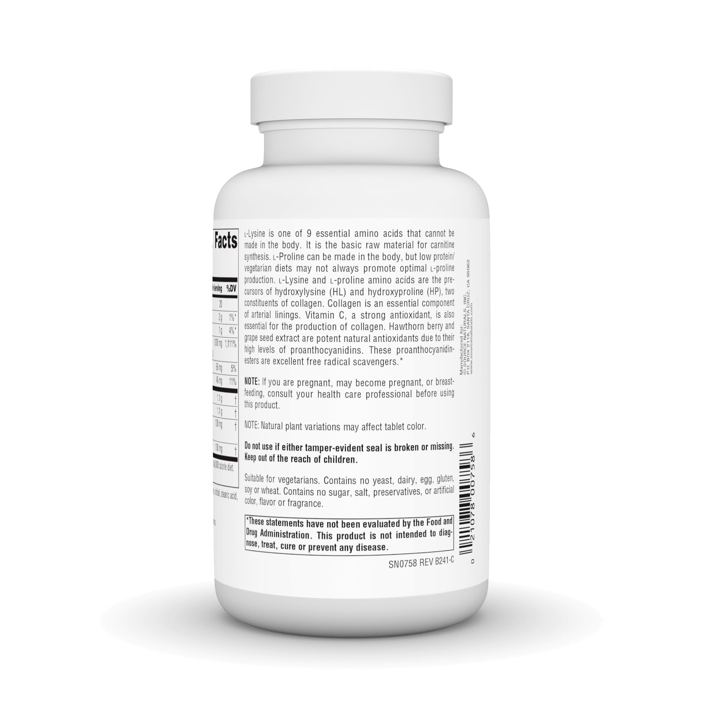 Source Naturals Proline & Lysine, tabletas en primer plano para suministro de aminoácidos.