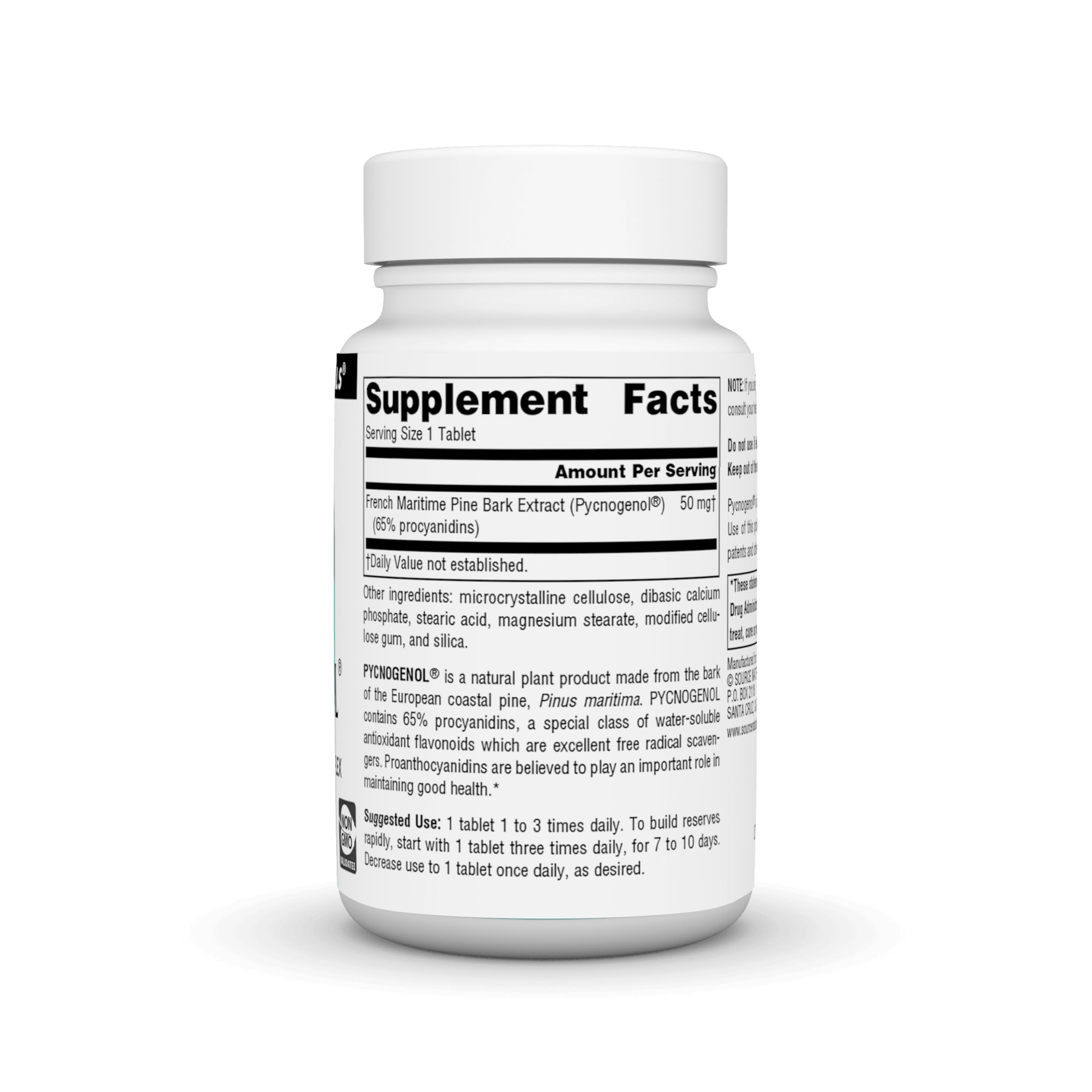 Etiqueta de Source Naturals Pycnogenol 50 mg con información clara de uso.