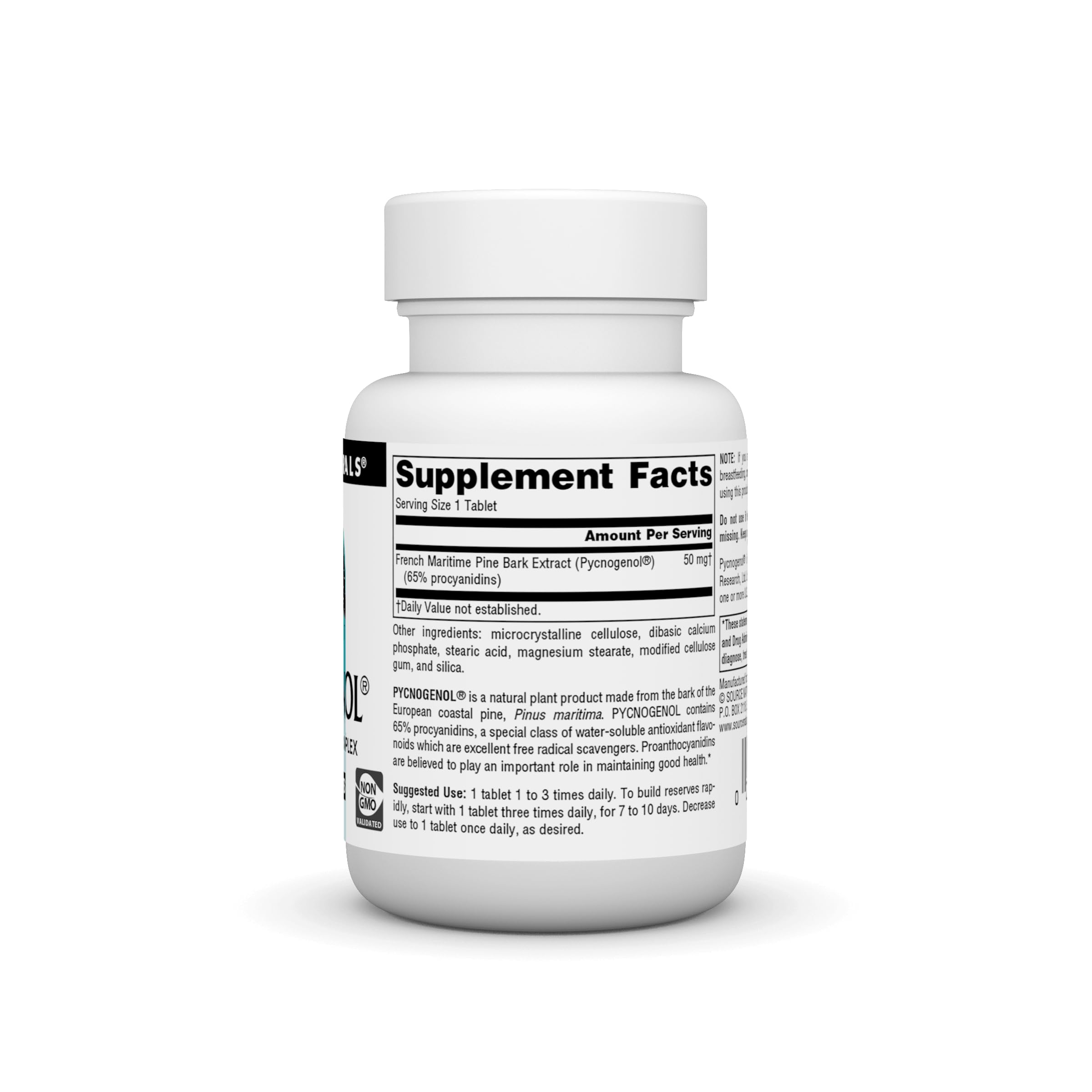 Botella Source Naturals Pycnogenol de 60 tabletas para dosis simples durante el día.