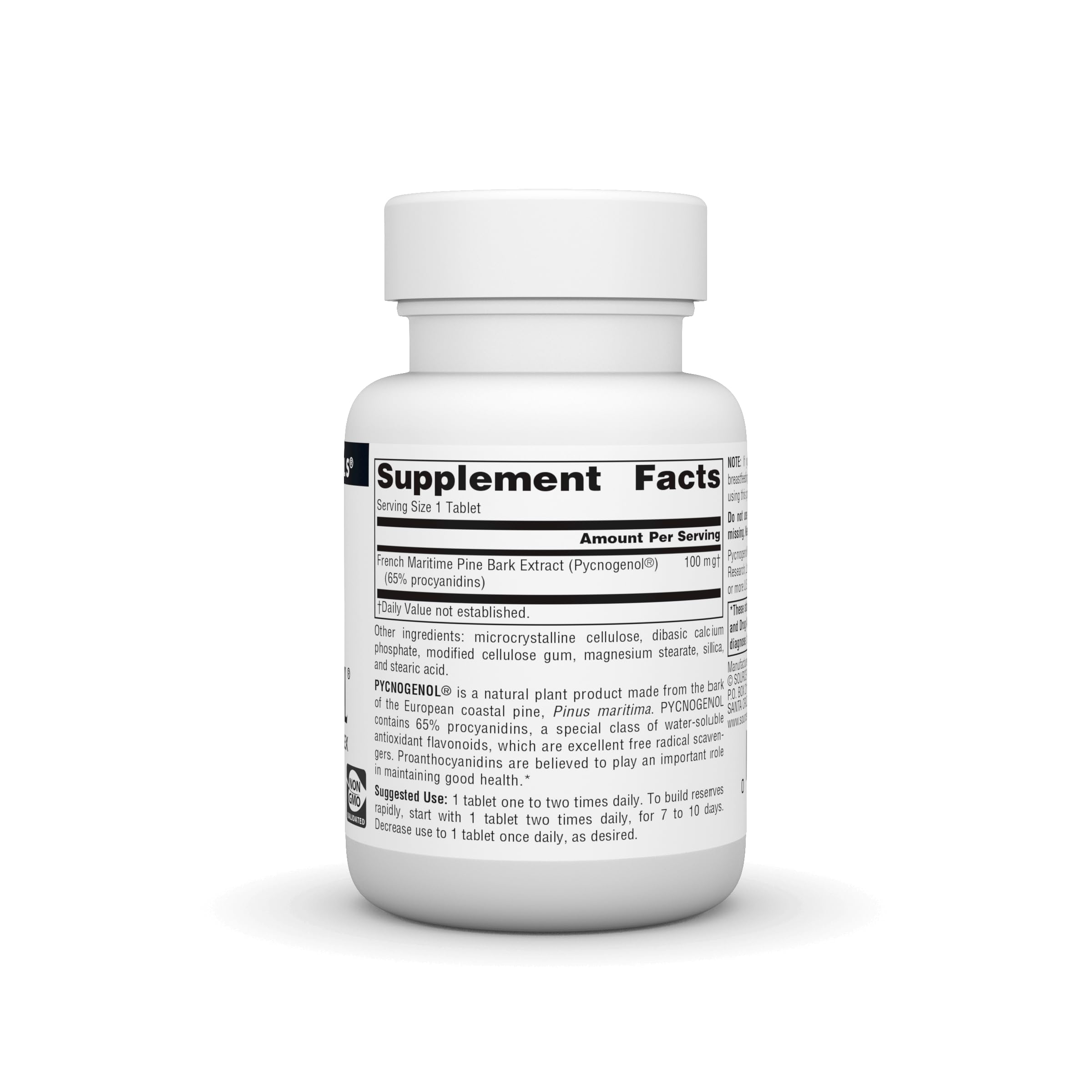 Etiqueta clara de Pycnogenol de Source Naturals con información de dosis.