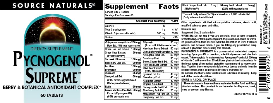 Dosis diaria Source Naturals Pycnogenol Supreme, dos tabletas.