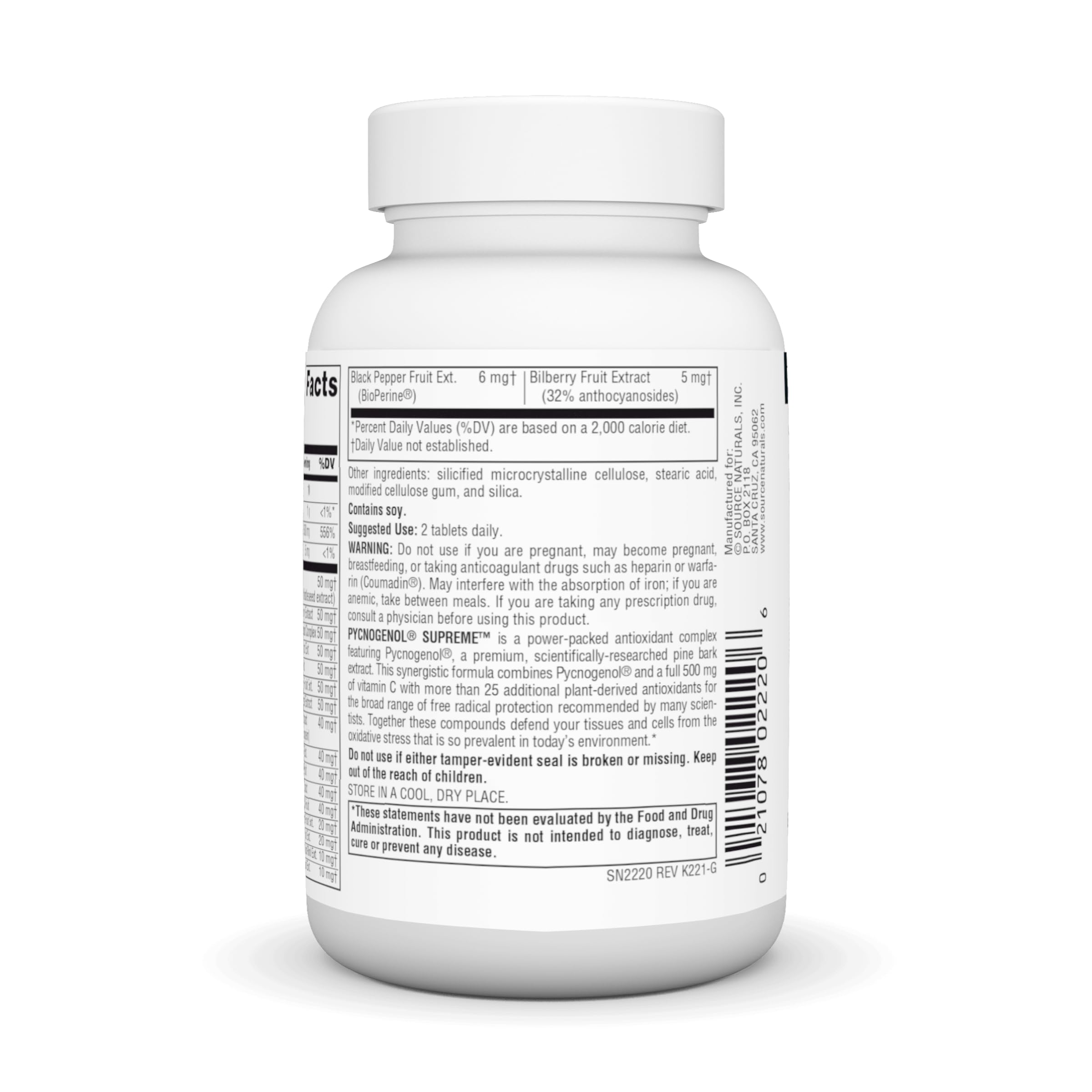 Tabletas Source Naturals Pycnogenol Supreme listas para consumo diario.