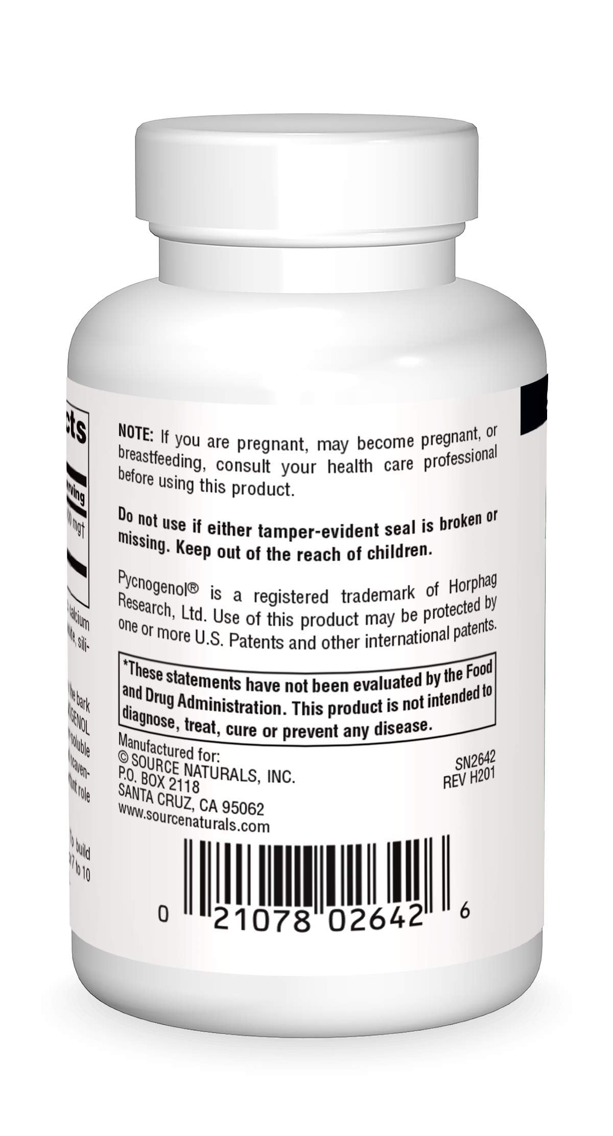 Source Naturals Pycnogenol etiqueta frontal, información clara para consumo diario