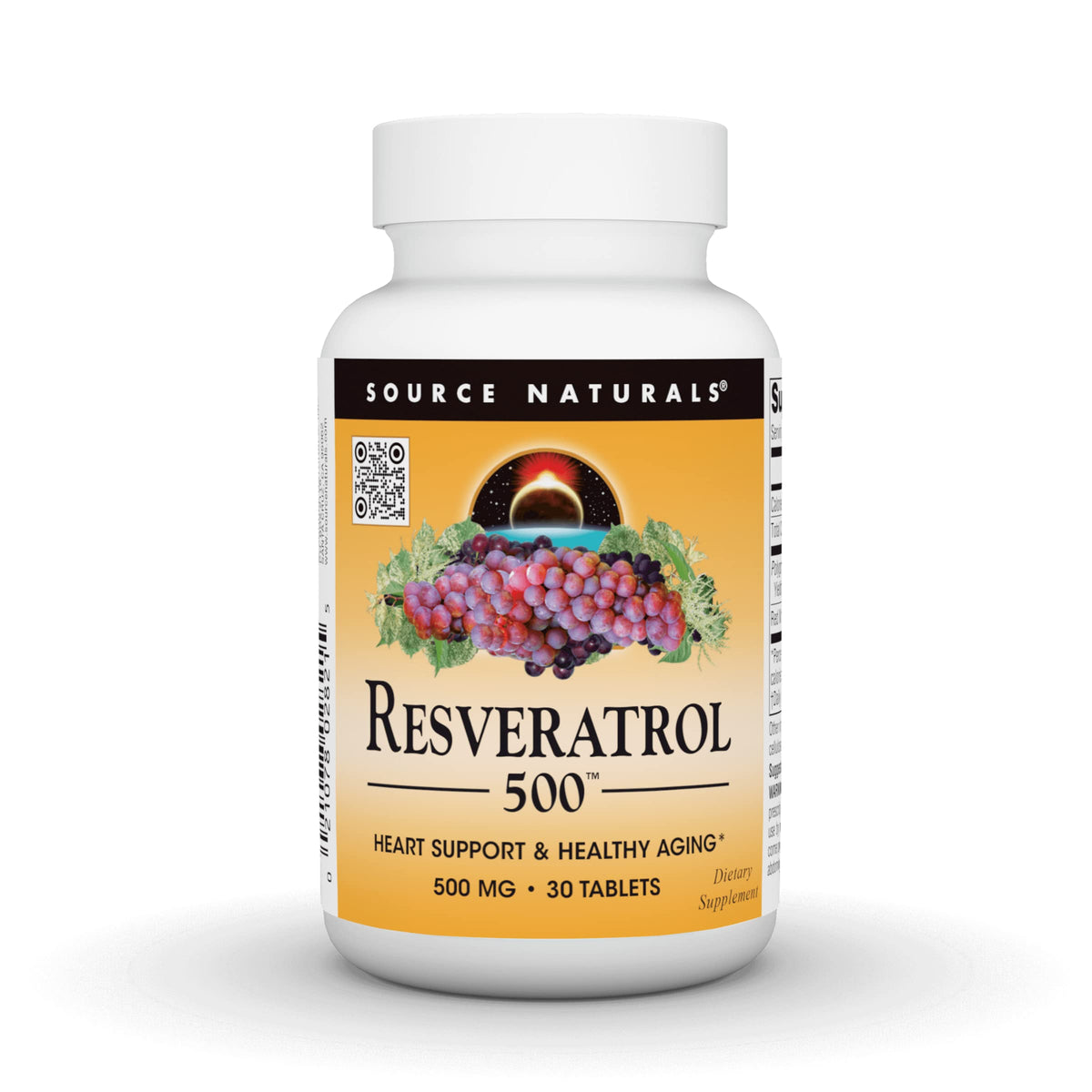 Source Naturals Resveratrol 550, botella con tabletas para apoyo cardiovascular.
