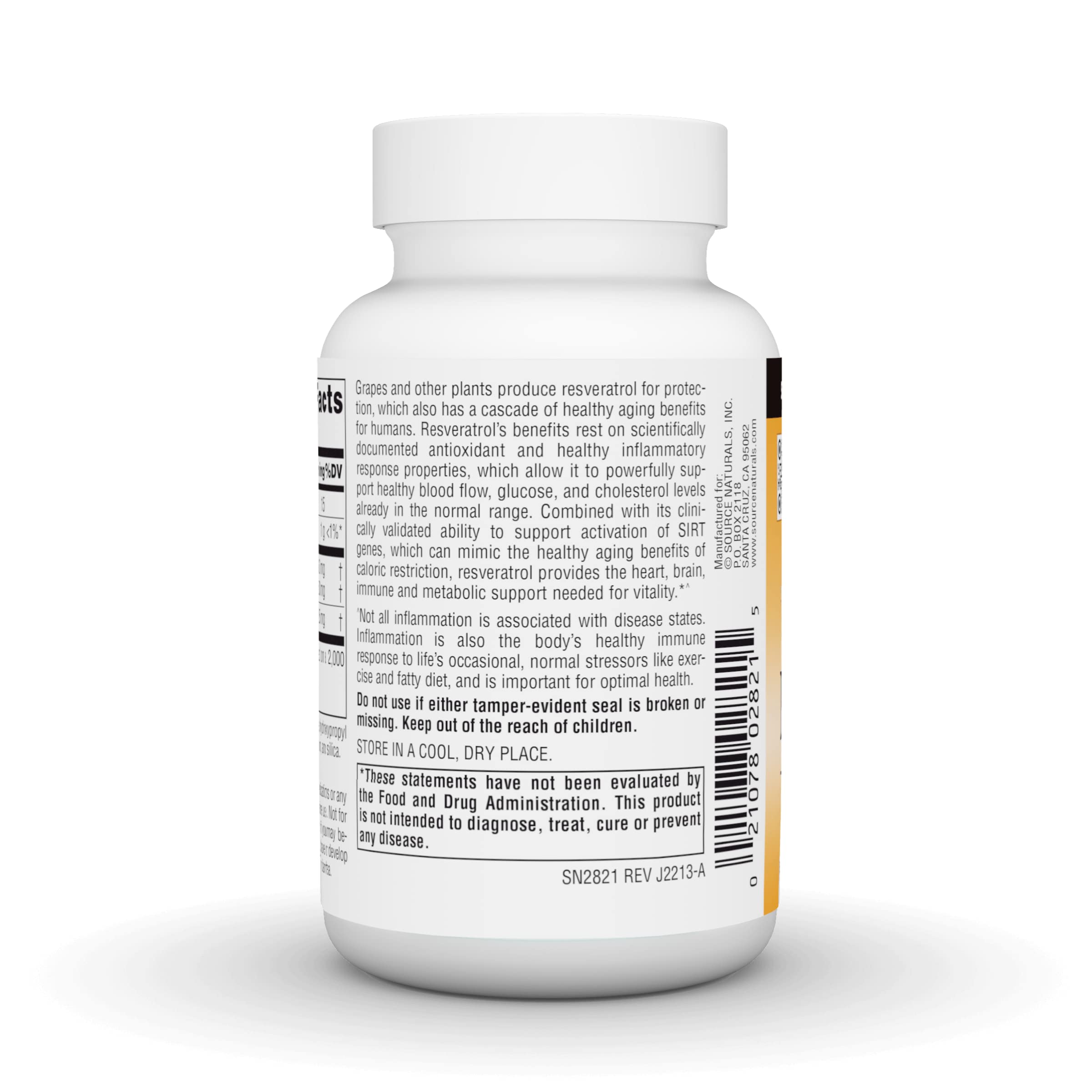 Source Naturals Resveratrol 550, etiqueta frontal destacando ingredientes vegetales.