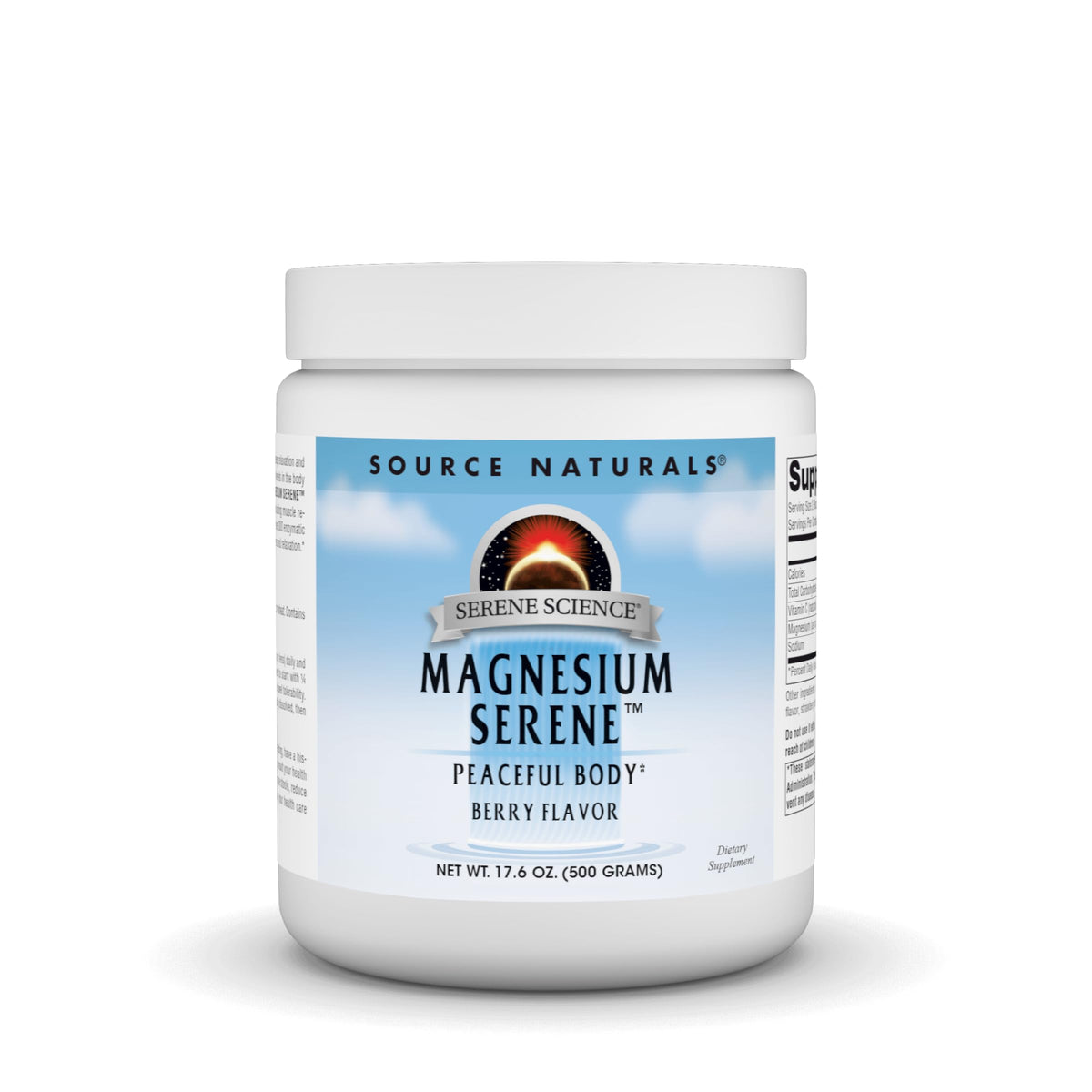 Source Naturals Serene Magnesio en frasco con sabor frambuesa para uso diario.
