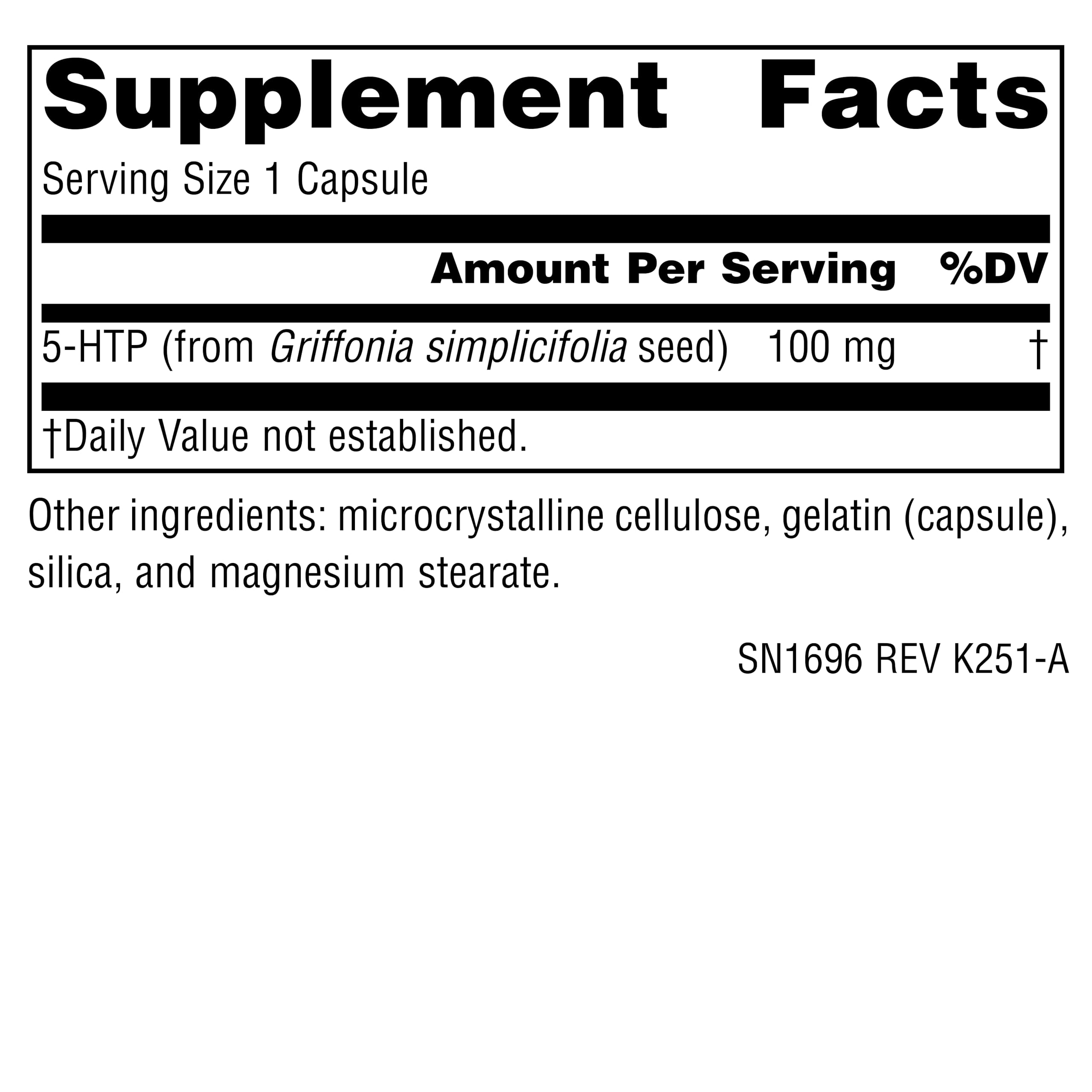 Source Naturals Serene Science 5-HTP etiqueta, información clara para uso diario.