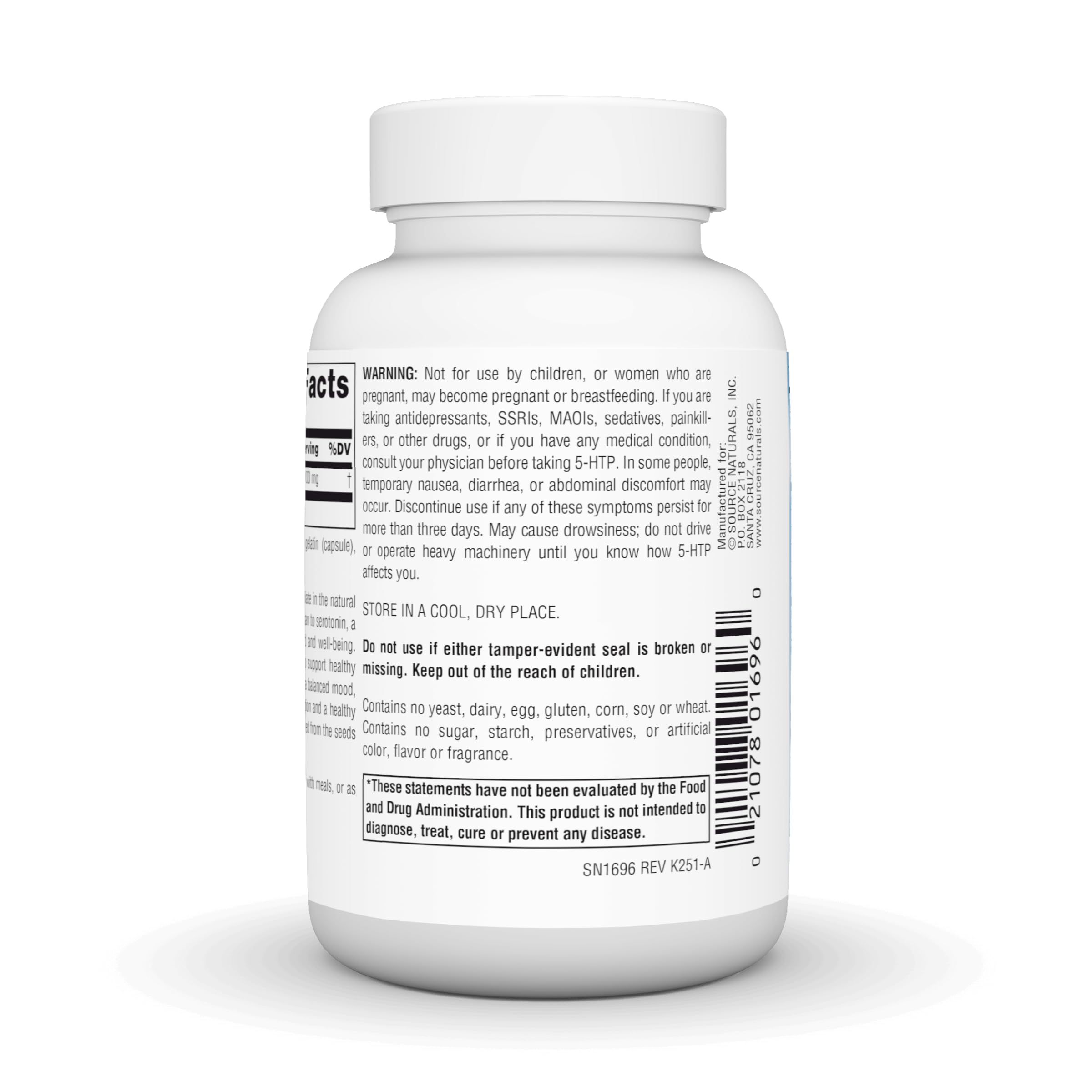 Source Naturals Serene Science 5-HTP manos sosteniendo cápsulas, dosis diaria accesible.