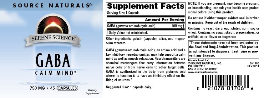 Source Naturals Serene Science GABA etiqueta legible, información transparente sobre el producto.