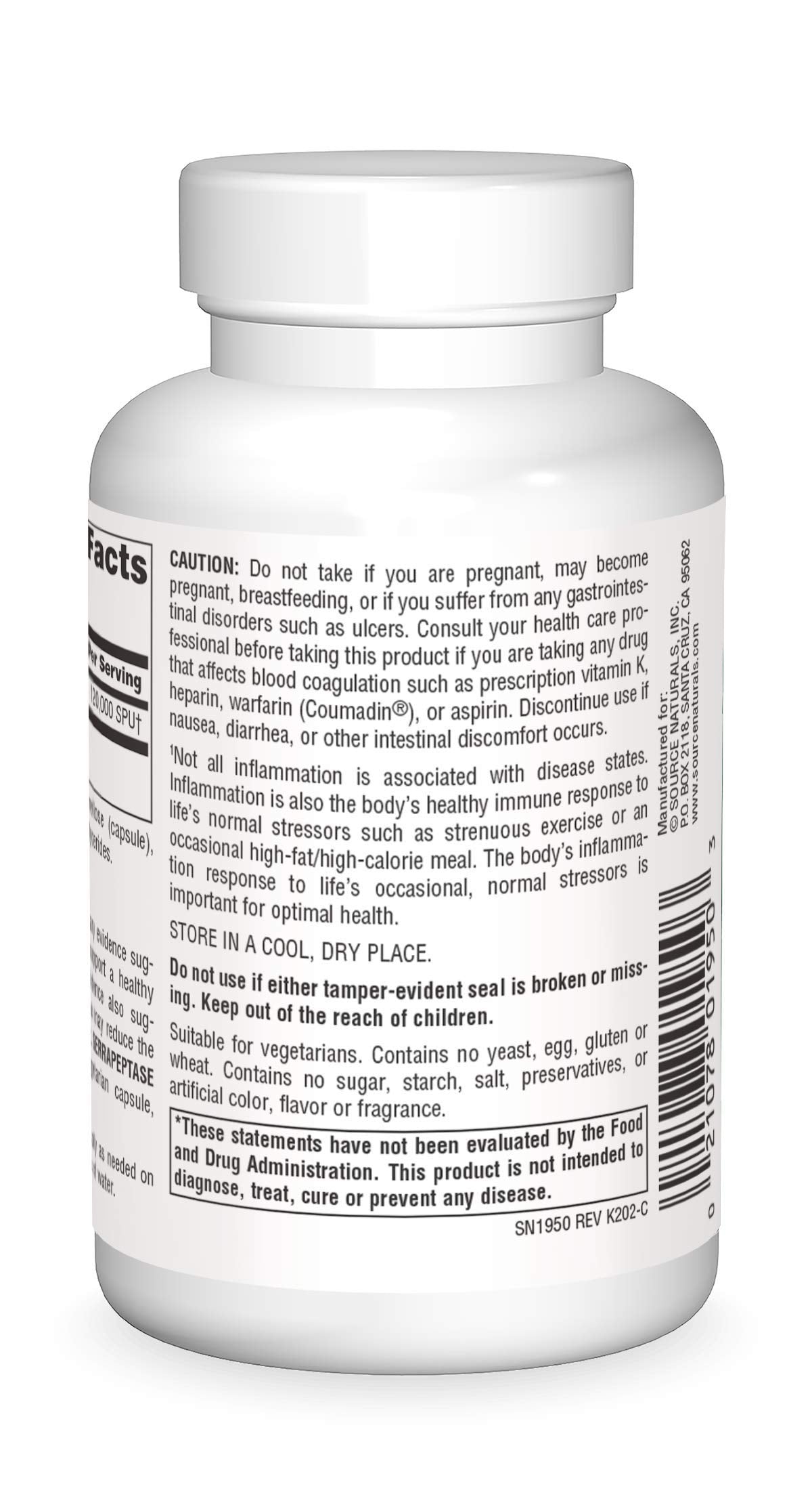 Source Naturals Serrapeptase: presentación vegetariana para regímenes sin productos animales.