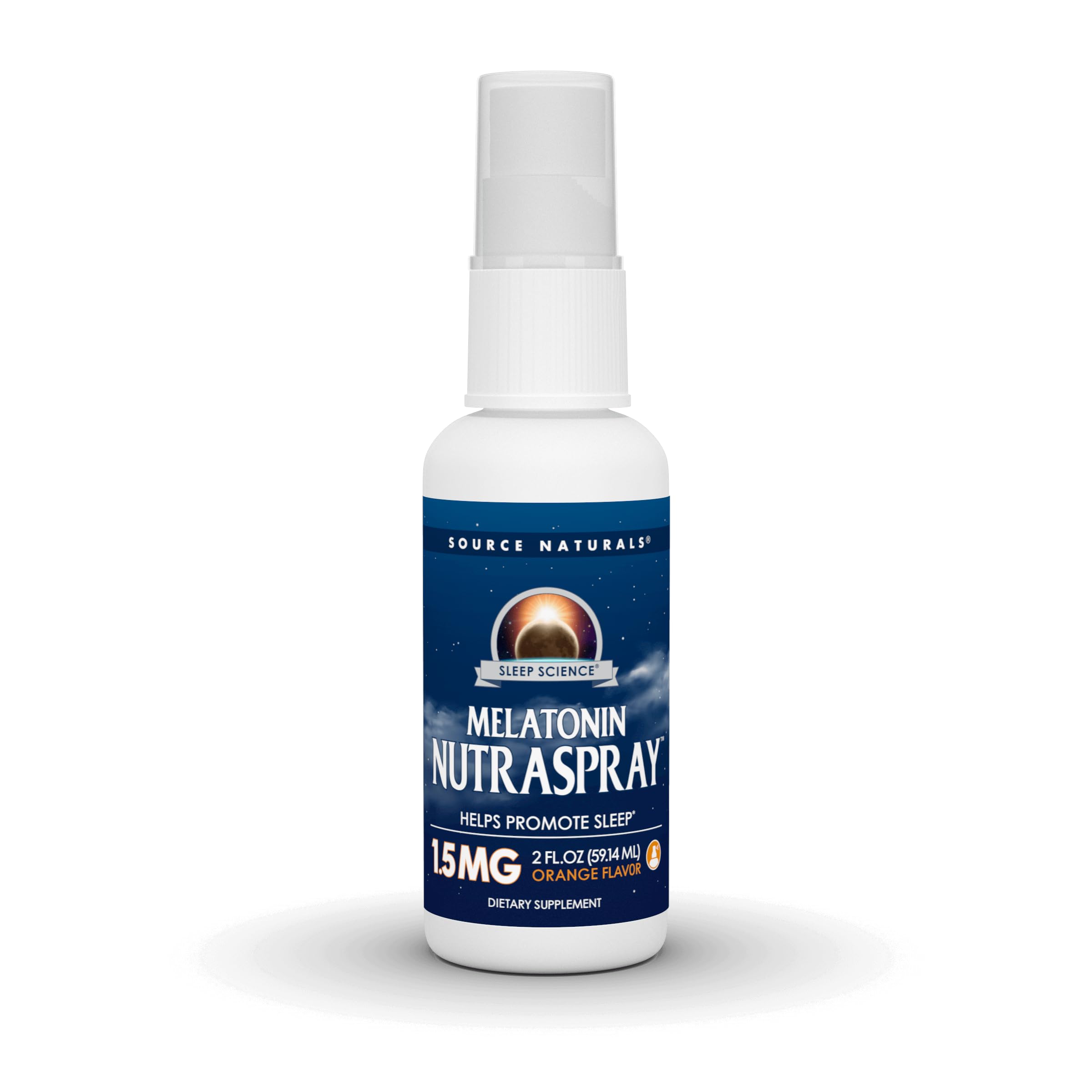 Source Naturals Sleep Science Melatonina NutraSpray, botella naranja, ideal para apoyar el descanso nocturno.