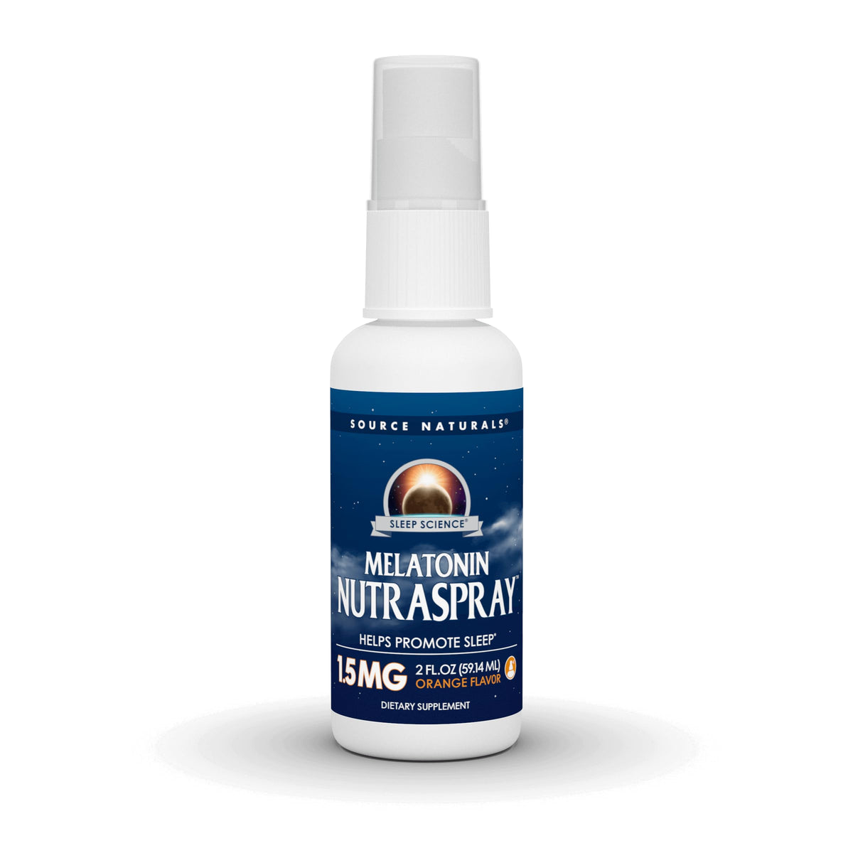 Source Naturals Sleep Science Melatonina NutraSpray, botella naranja, ideal para apoyar el descanso nocturno.