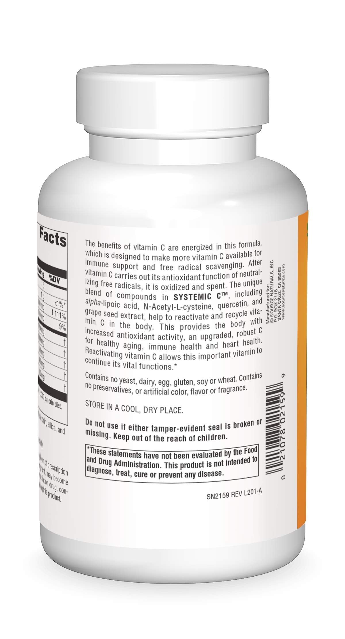 Source Naturals Systemic C 500 mg, cápsulas primer plano, fácil de ingerir