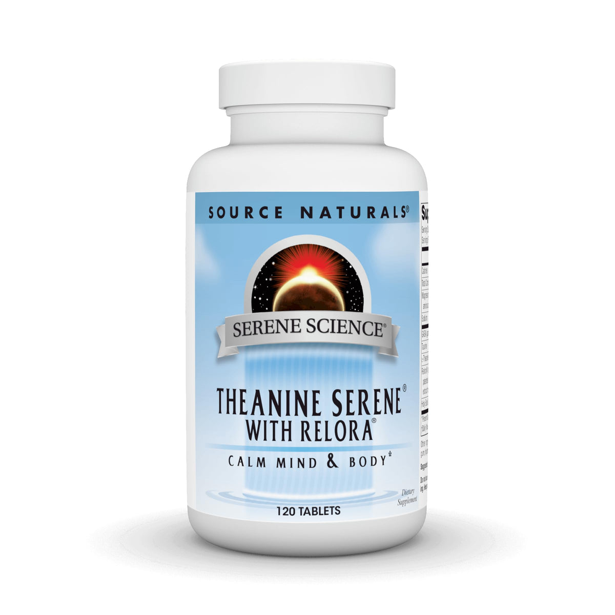 Source Naturals Theanine Serene en botella, muestra formato diario para claridad mental y apoyo calmante