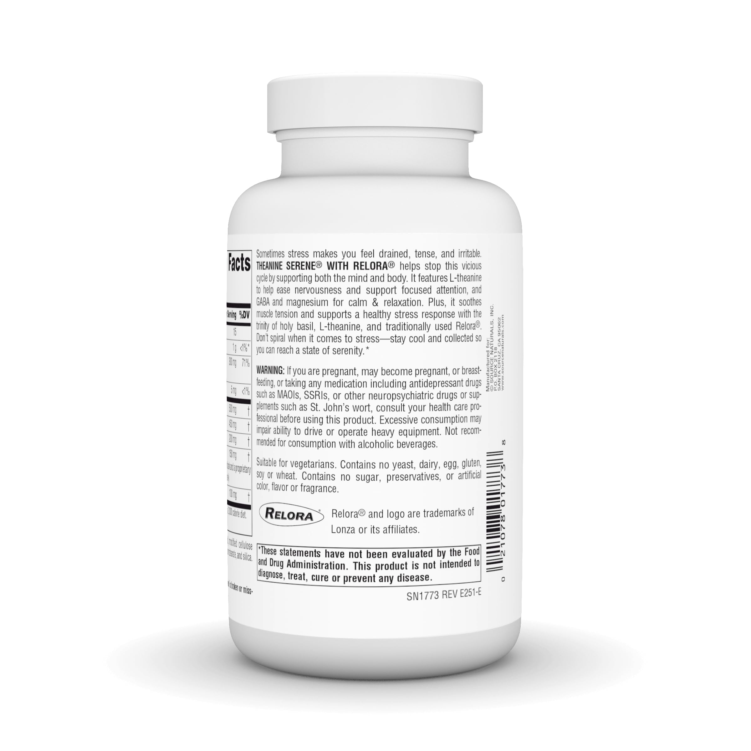 Source Naturals Theanine Serene etiqueta cercana, destacando ingredientes y beneficios para equilibrio cuerpo-mente