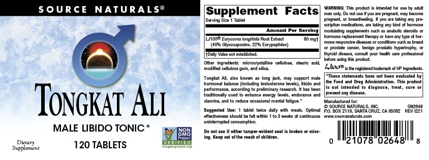 Source Naturals Tongkat Ali en mano: tableta para consumo diario.