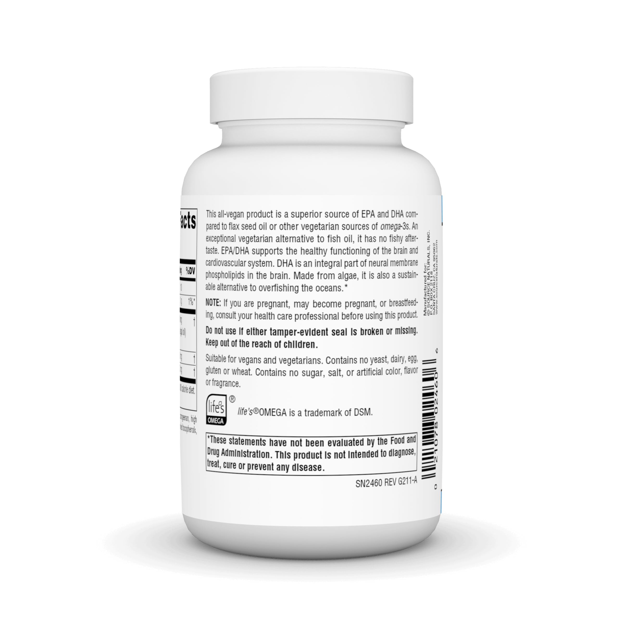 Etiqueta frontal de Source Naturals Omega 3 vegano, alérgenos claros.