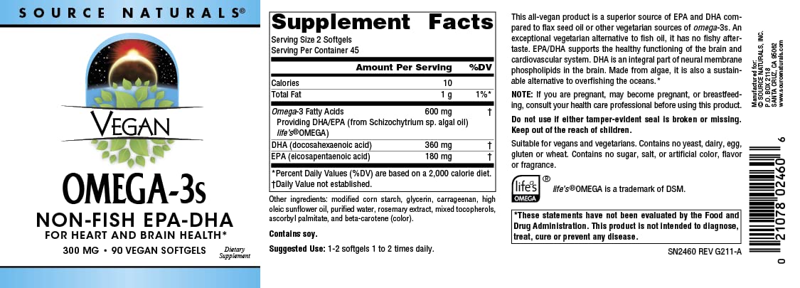 Etiqueta nutricional de Source Naturals Omega 3 vegano, beneficios diarios.