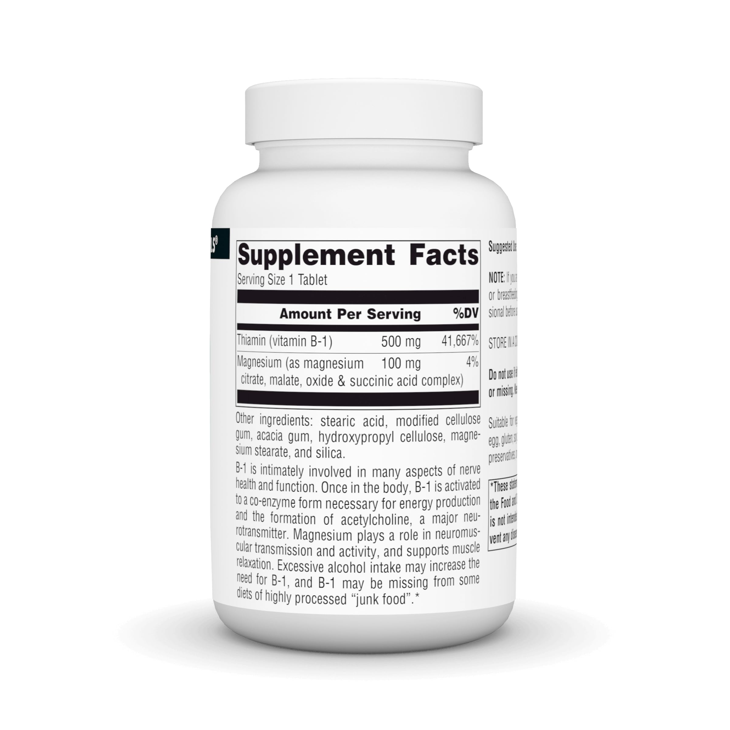Source Naturals Vitamina B-1 Thiamina 500mg, etiqueta visible con información de dosis y alérgenos.