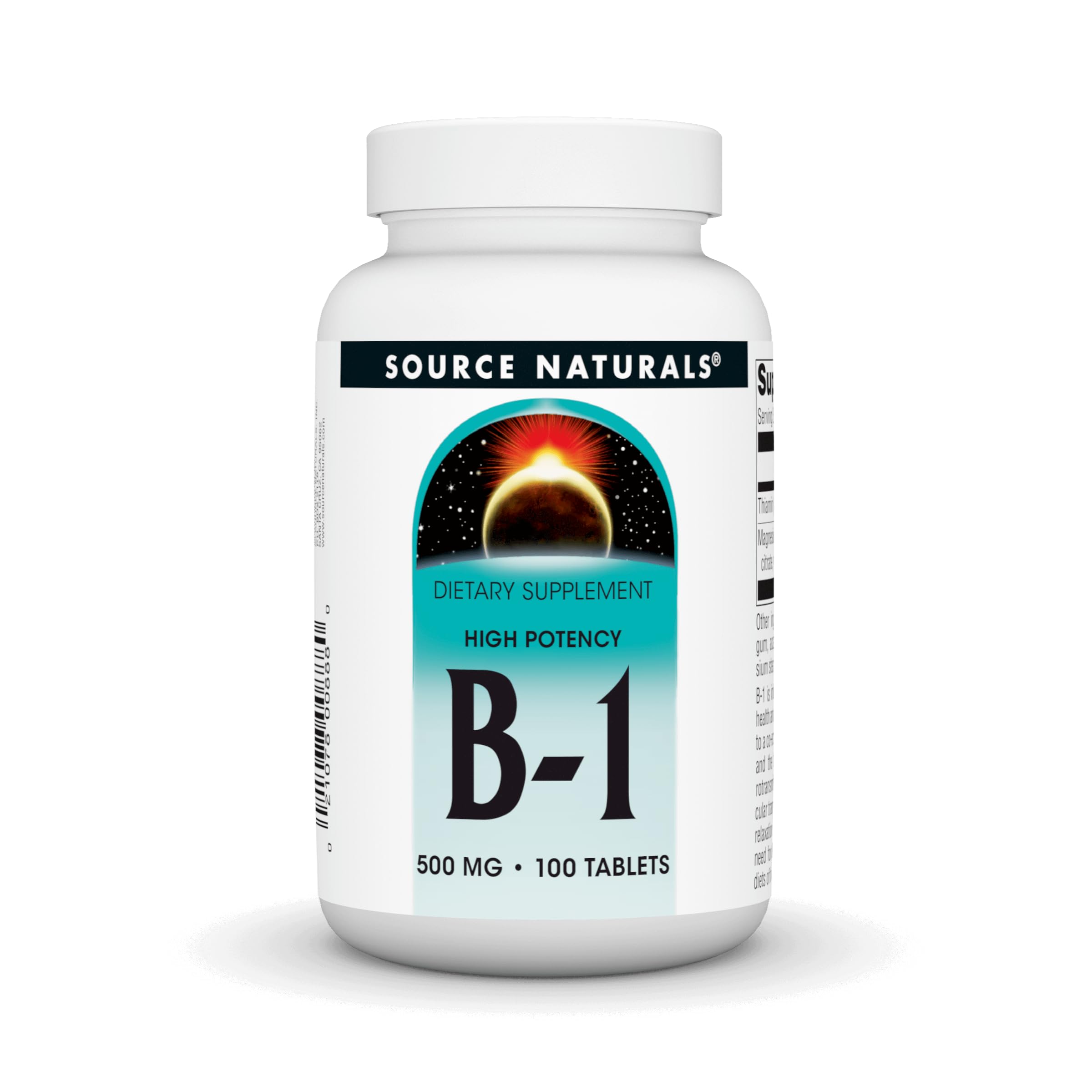Source Naturals Vitamina B-1 Thiamina 500mg, frente del bote, apoyo al metabolismo de carbohidratos.