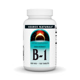 Source Naturals Vitamina B-1 Thiamina 500mg, frente del bote, apoyo al metabolismo de carbohidratos.