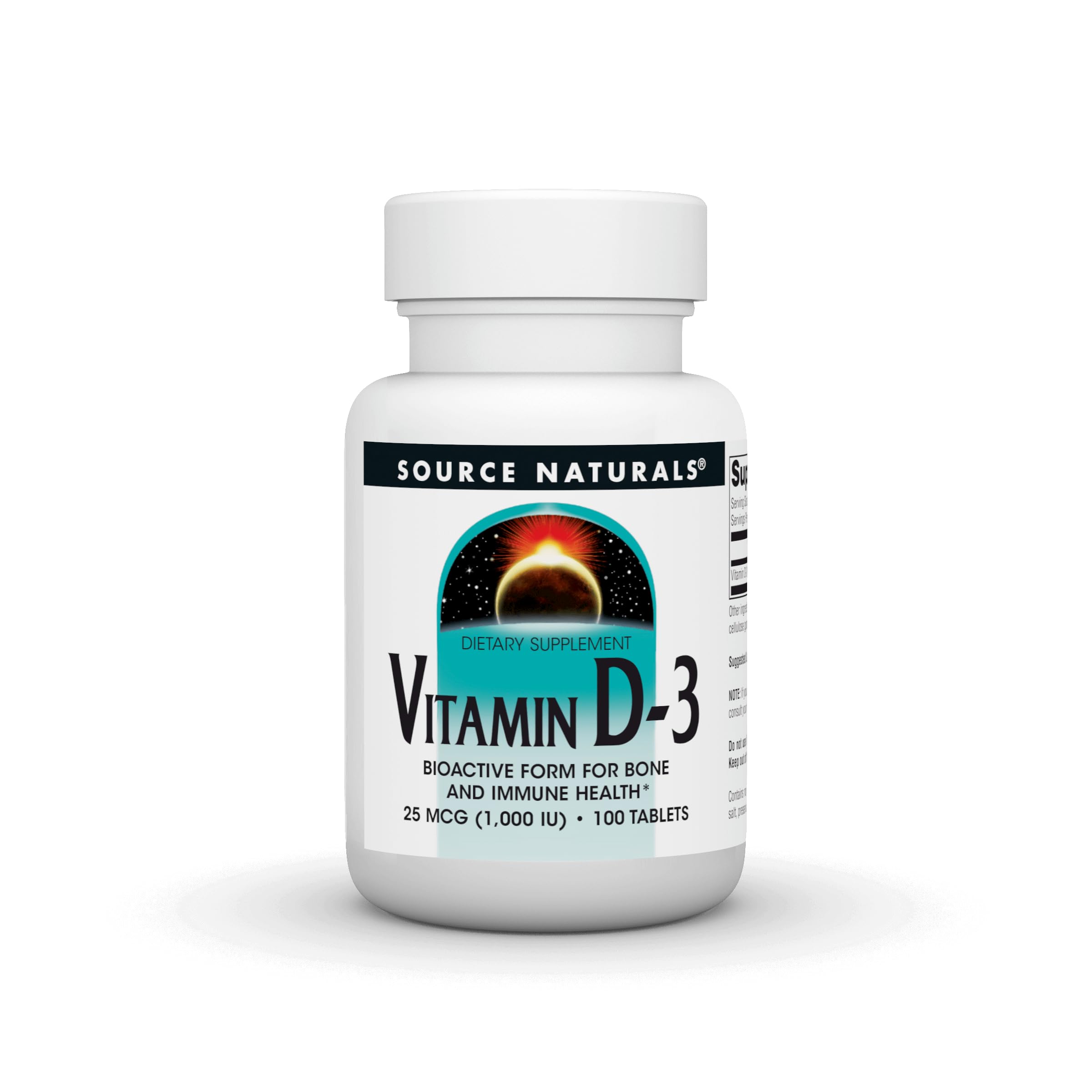 Source Naturals Vitamina D-3 1000 UI, caja visible, apoya huesos fuertes y defensa inmune.