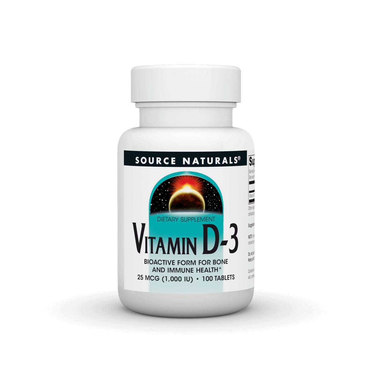 Source Naturals Vitamina D-3 1000 UI, caja visible, apoya huesos fuertes y defensa inmune.